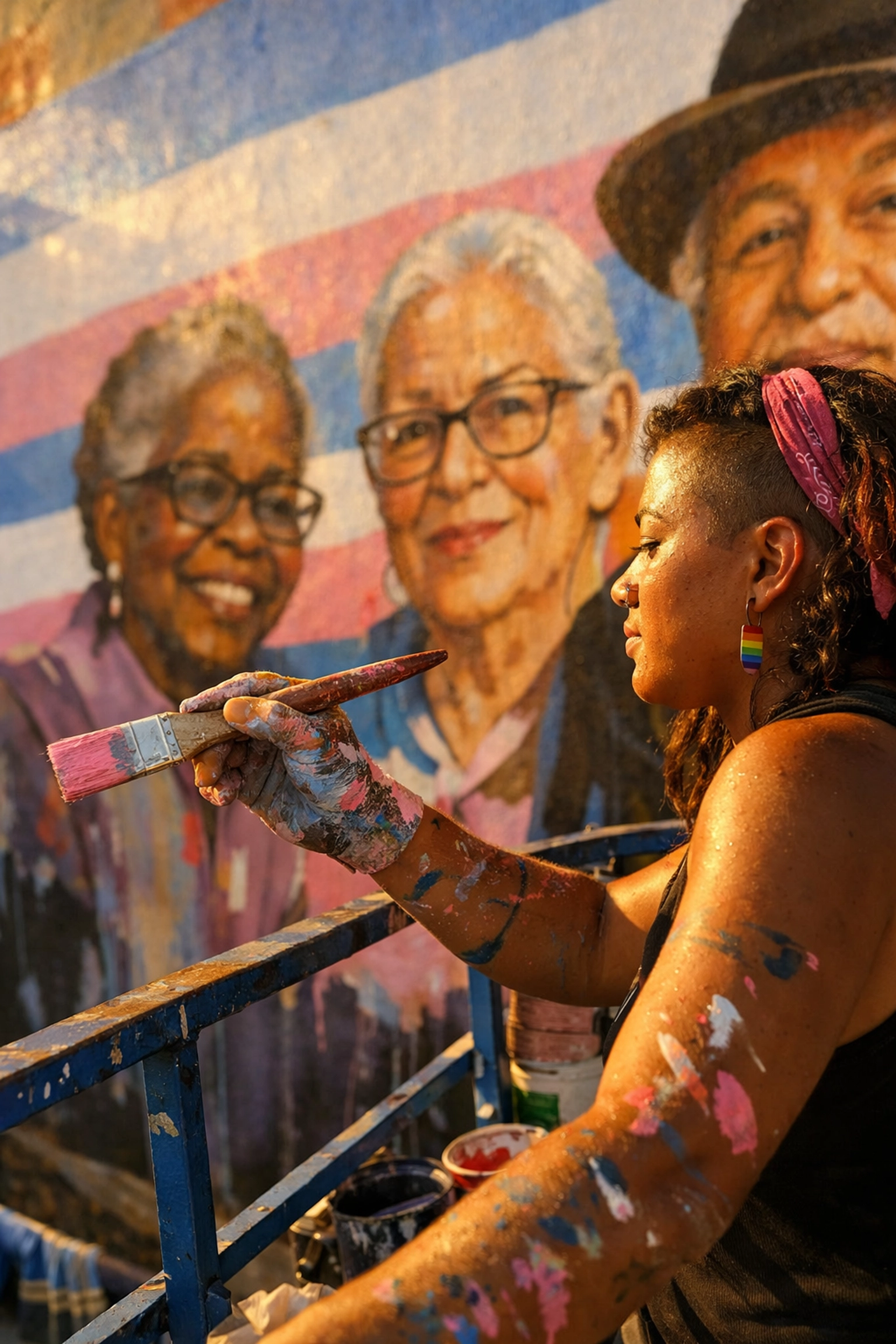 Queer artist painting large-scale mural featuring transgender pride colors and LGBTQ+ elders