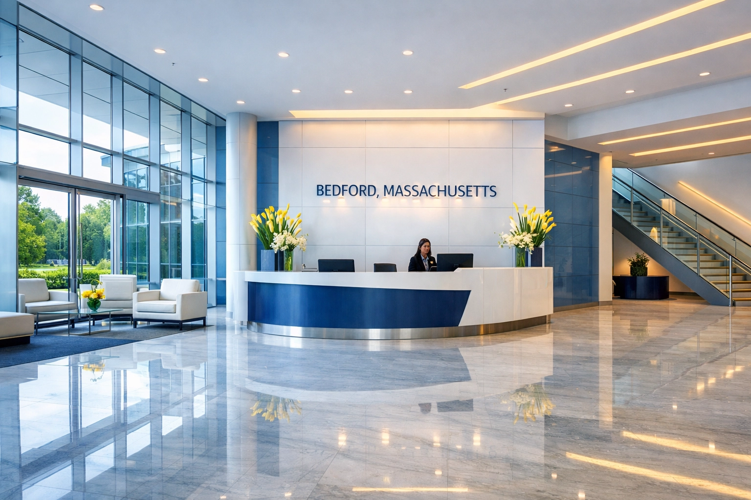 Spotless corporate lobby in Bedford showcasing professional commercial cleaning in the MetroWest region.
