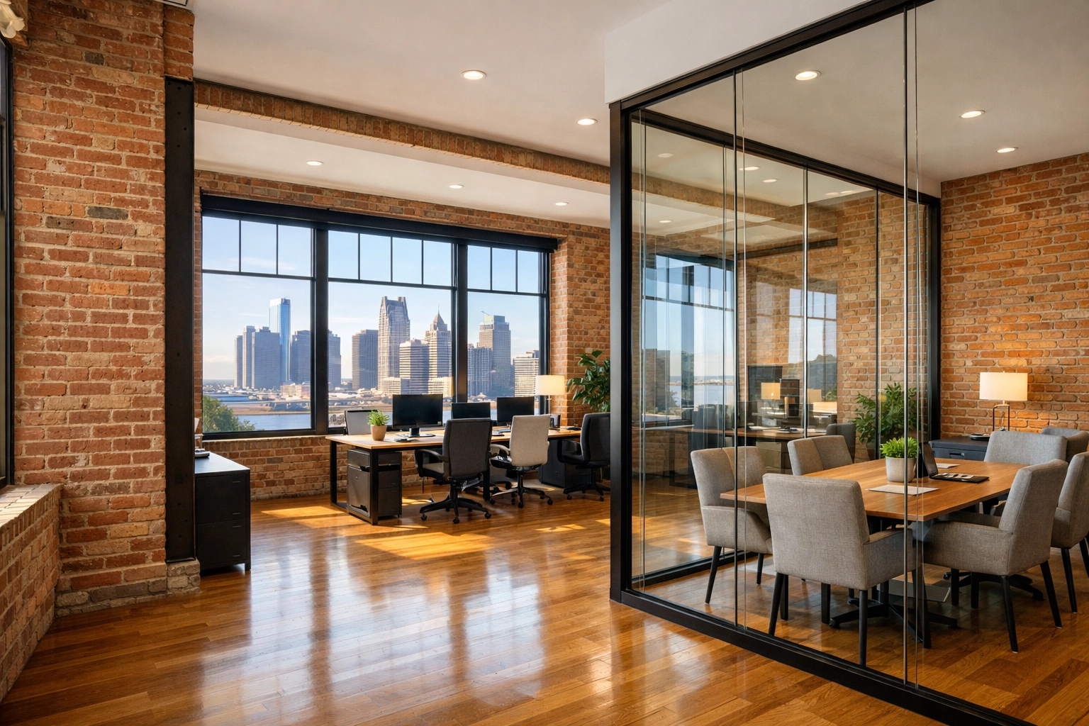 Clean Detroit office interior with historic brick and expertly maintained hardwood flooring.