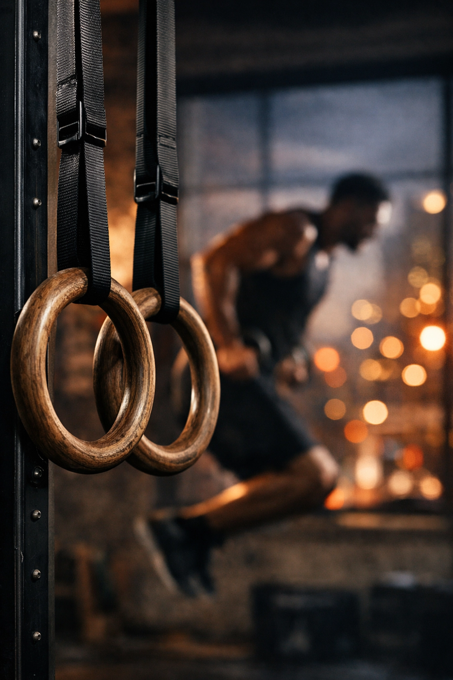 Gymnastic rings anchored to a vertical rail, providing professional calisthenics equipment for small homes.