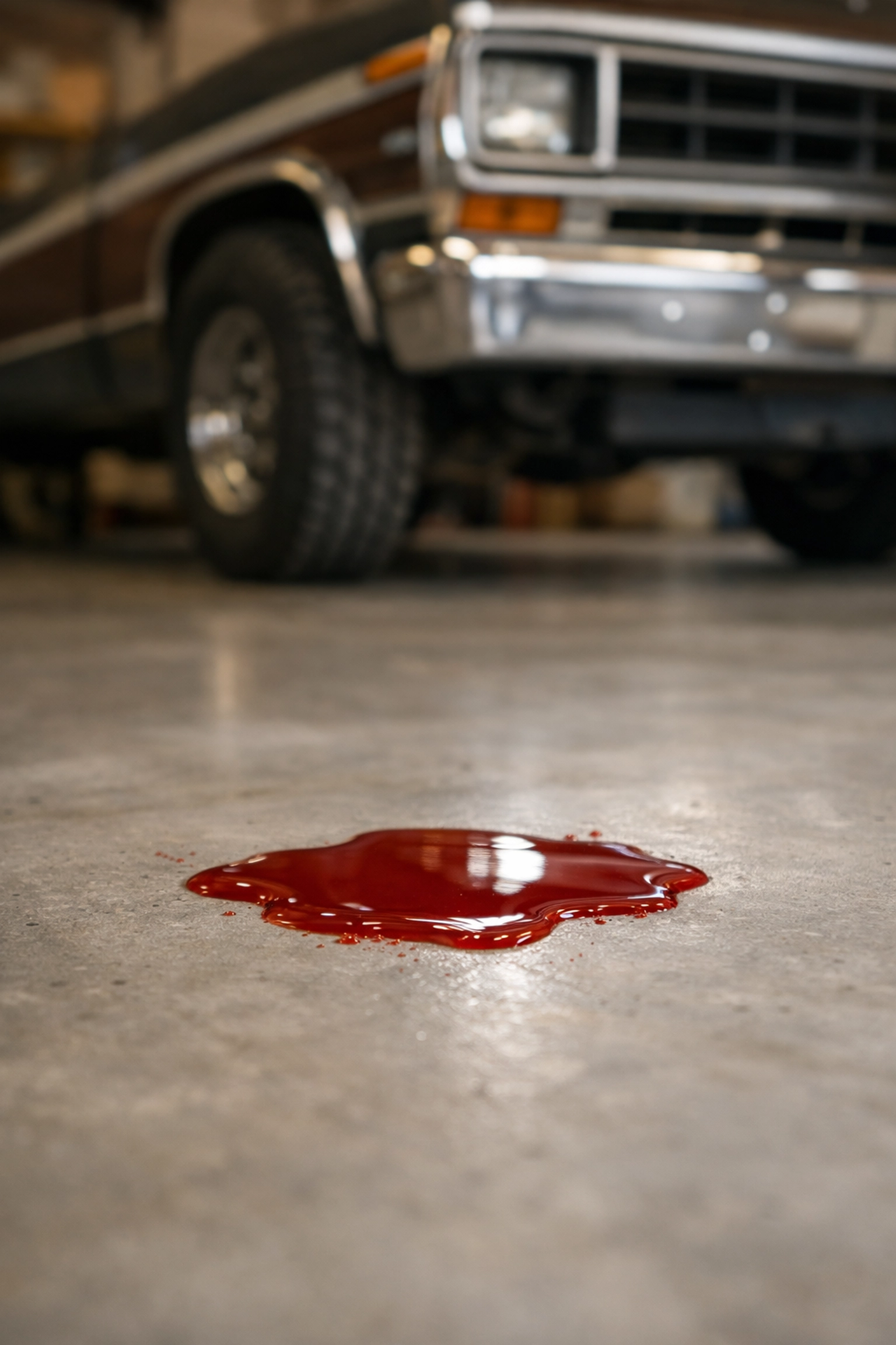 Red transmission fluid leaking from a car during auto repair in Brownwood TX.