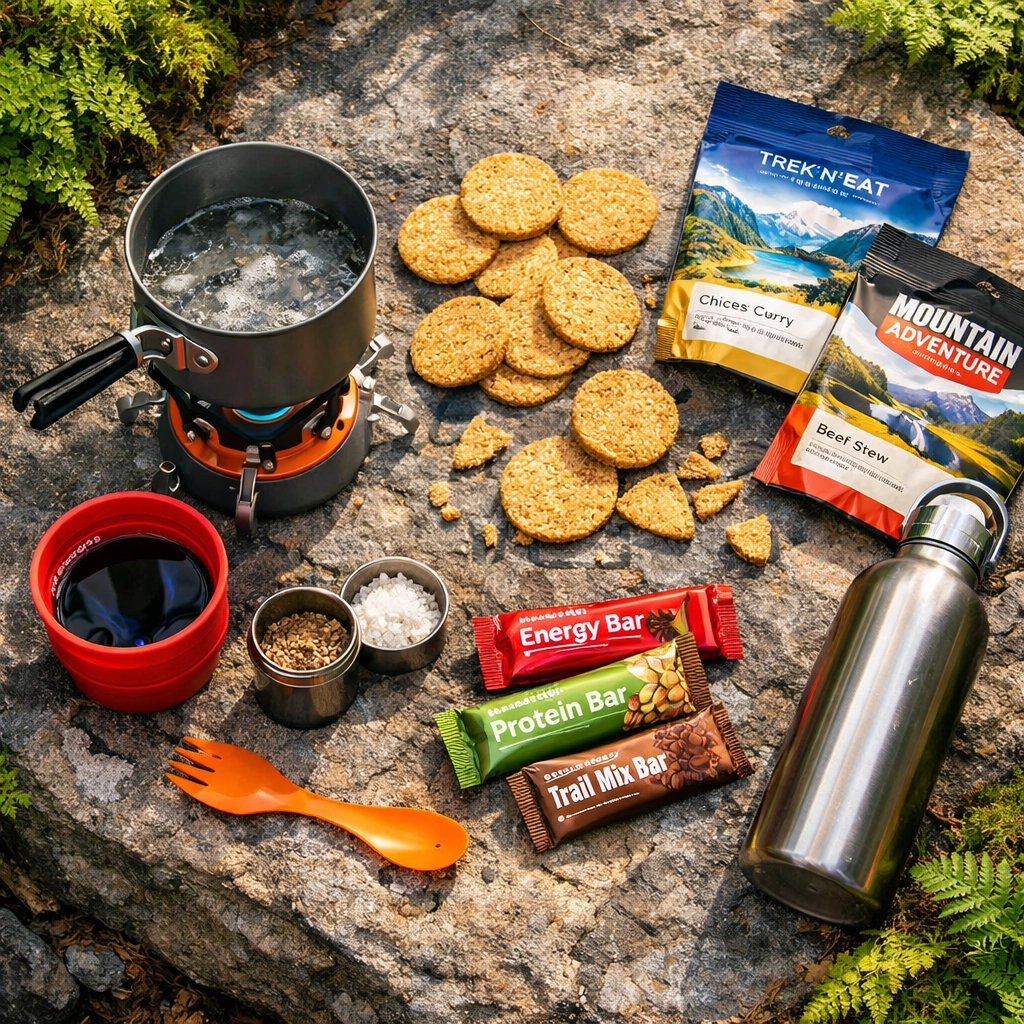 Wild camping cooking gear including stove, food supplies and water bottle on outdoor rock surface