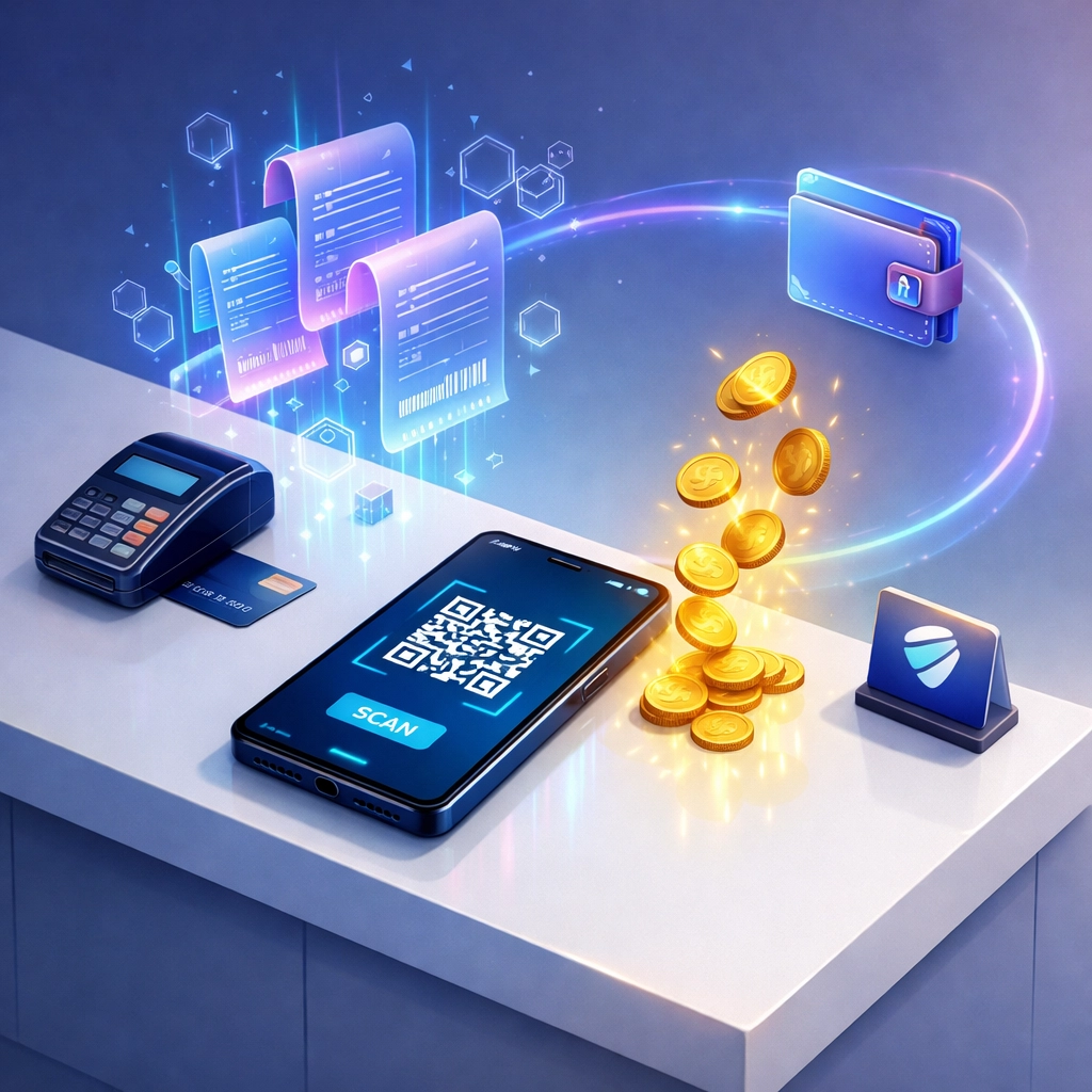 Modern crypto POS system with QR code scanner and NFT receipts for merchants