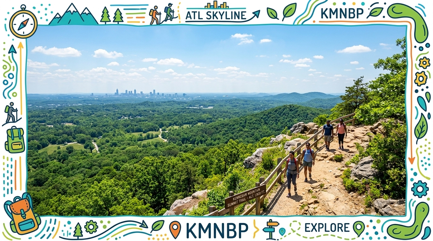 Kennesaw Mountain National Battlefield Park with hikers and hand-drawn frame accents
