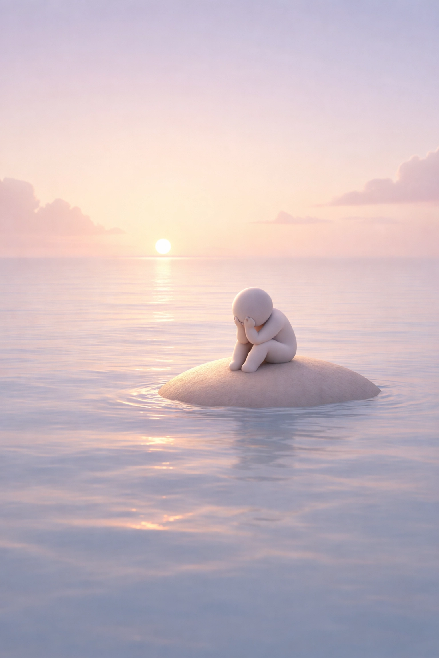 A solitary professional sits on a tiny island at sunrise, symbolizing burnout and the need for continuous mental health care.