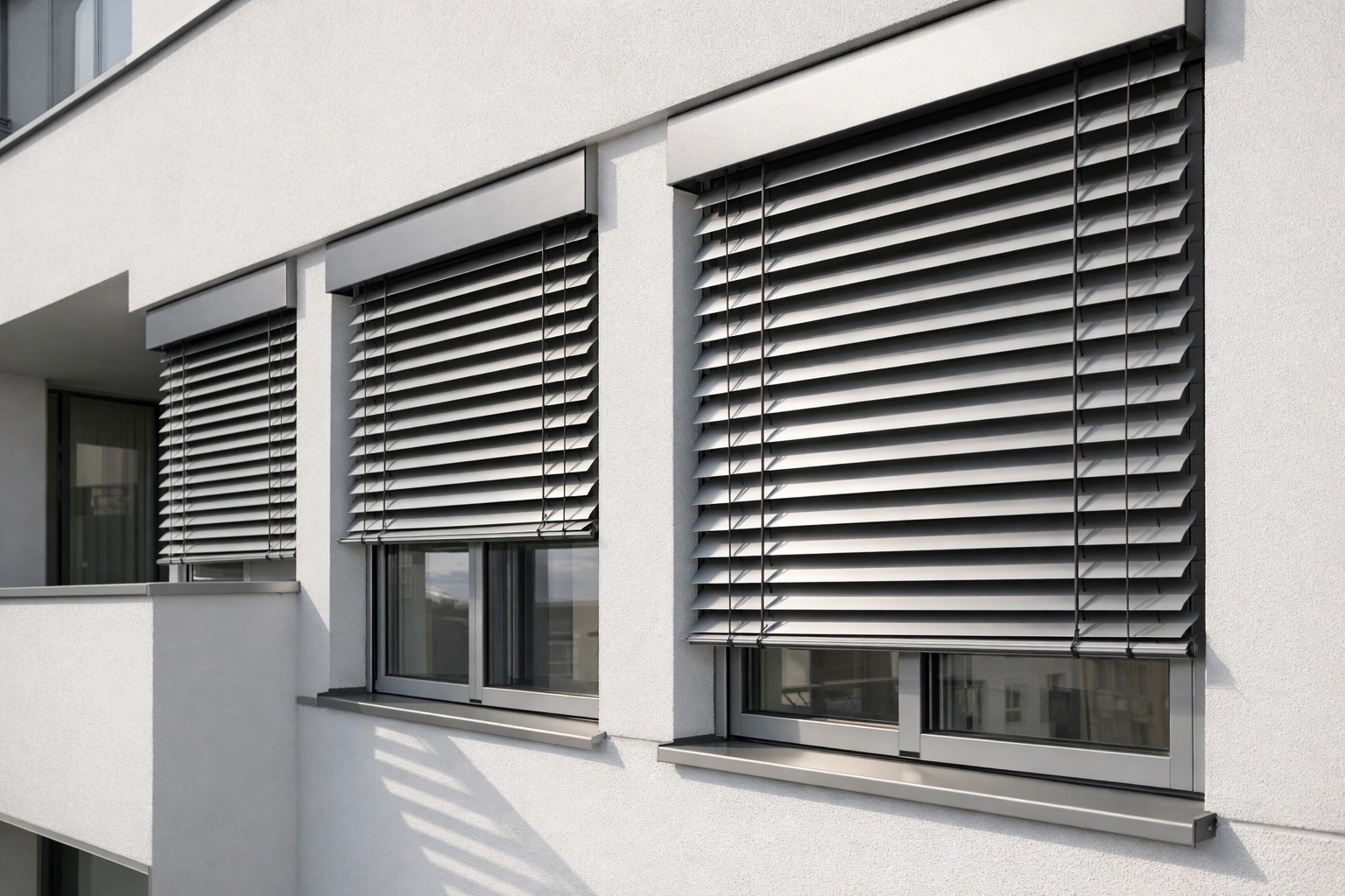 Raffstores an moderner Wiener Fassade reduzieren Sonneneinstrahlung und senken Energiekosten