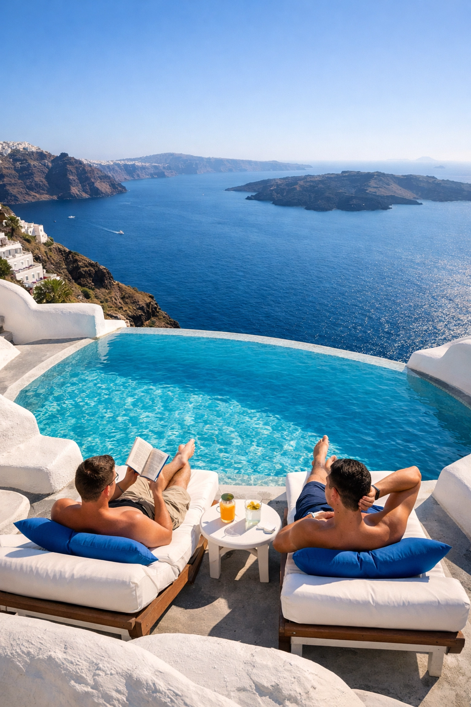 Gay couple relaxing by luxury infinity pool overlooking Santorini caldera during honeymoon vacation