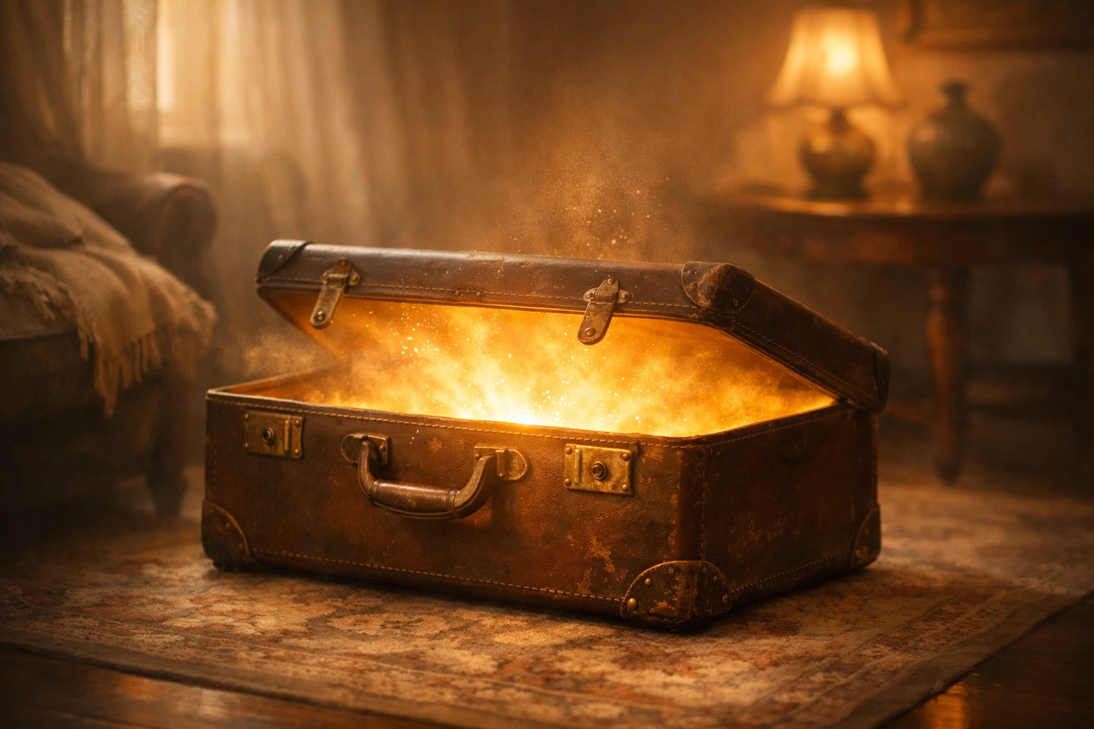 A vintage trunk opening to light, representing moving past old attachment styles in dating.