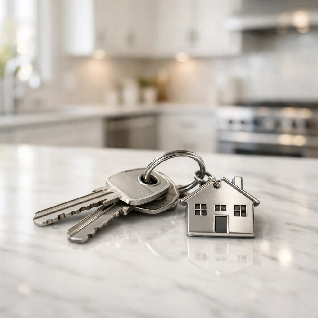 Modern house keys on a marble kitchen counter, representing a successful home closing and new buyer beginnings.