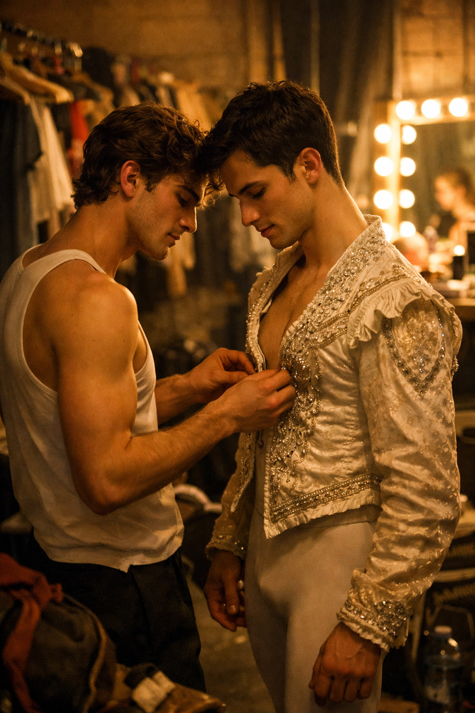 Male ballet dancers sharing intimate backstage moment before performance in dance romance