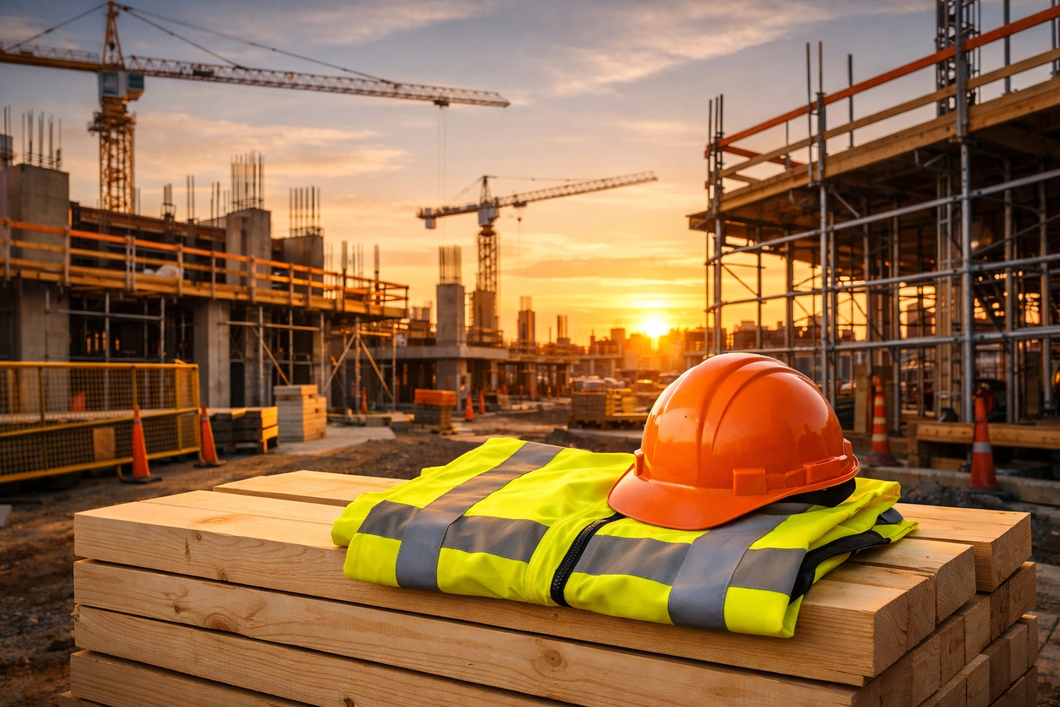Safety vest and hard hat on an organized construction site representing contractor risk management.