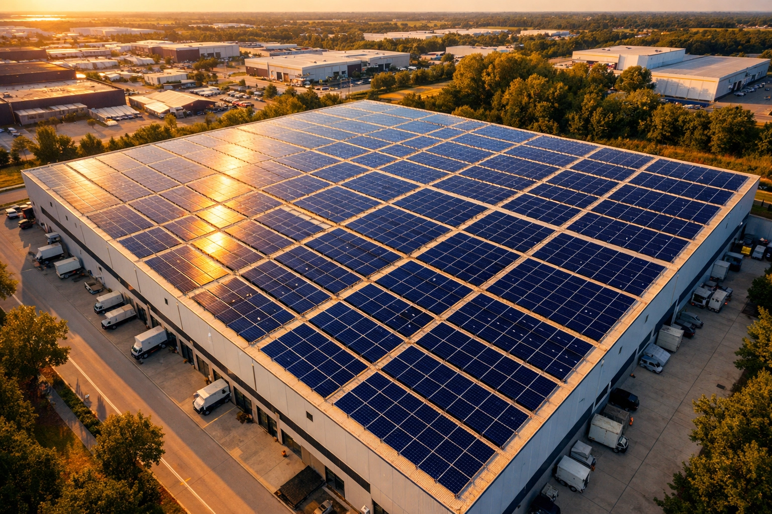 Aerial view of commercial solar panel installation on UK business warehouse roof