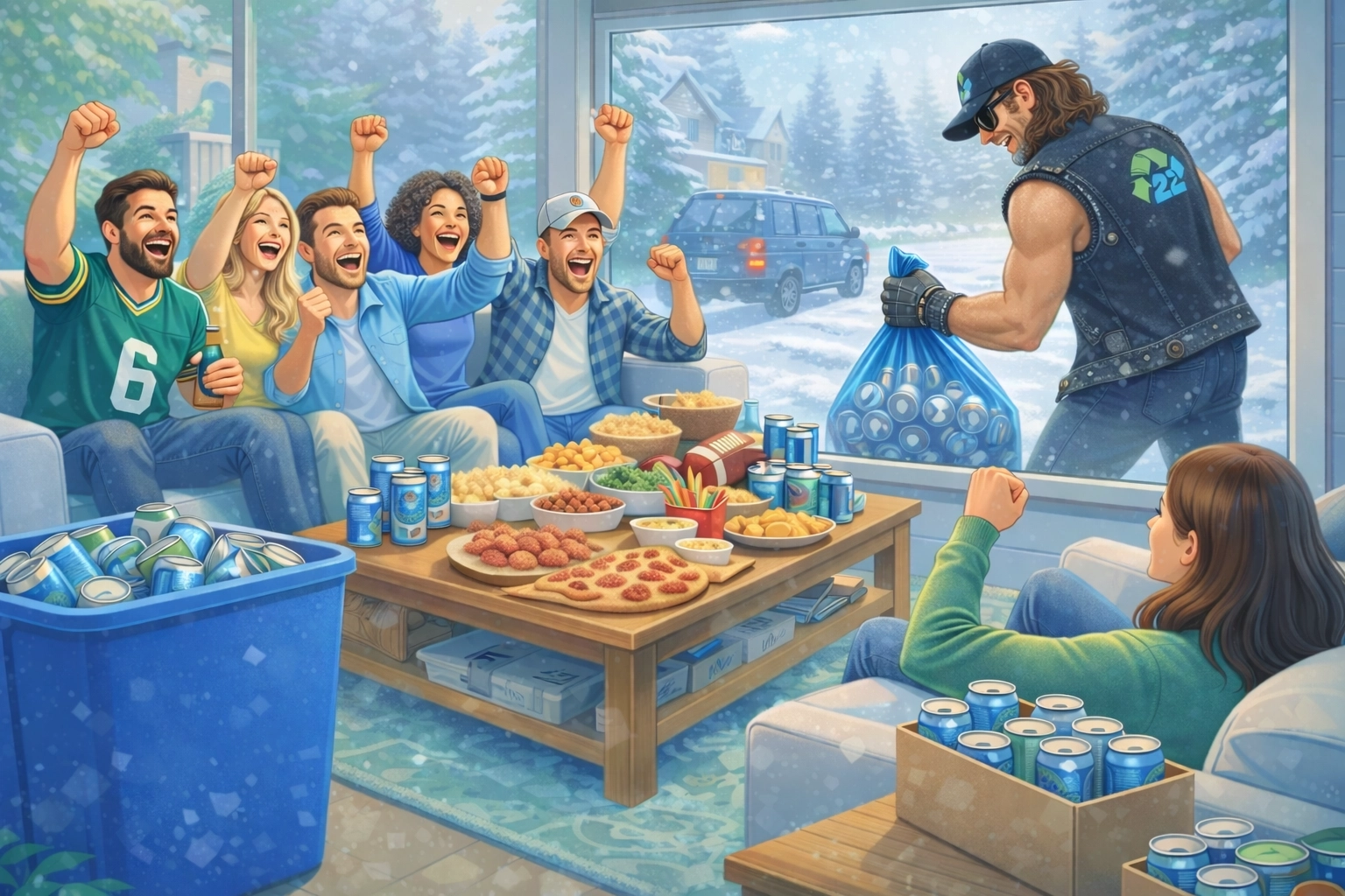 Friends watching football with Empteez recycling box