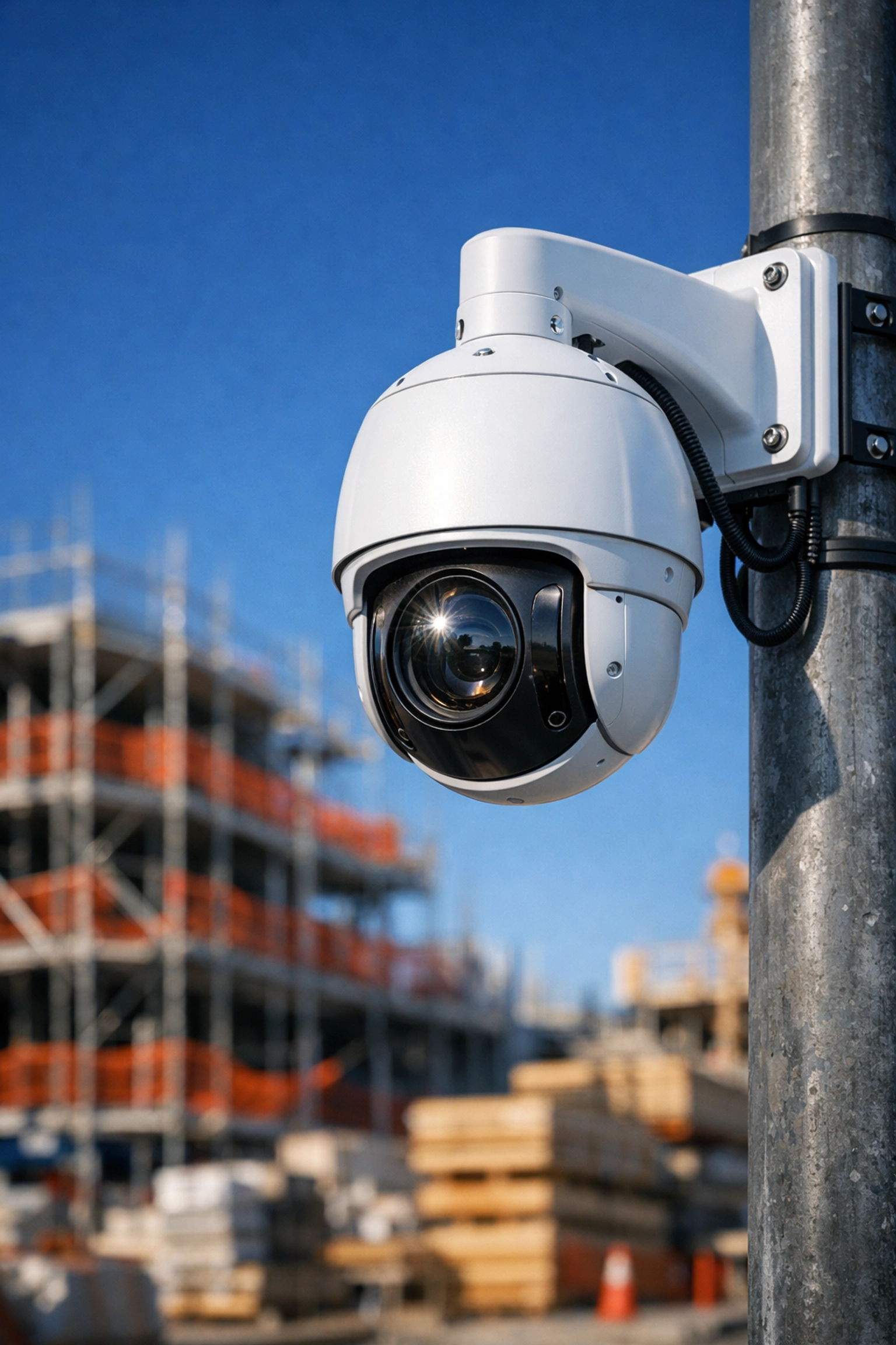 High-tech PTZ security camera providing 24/7 surveillance and monitoring for a construction site.