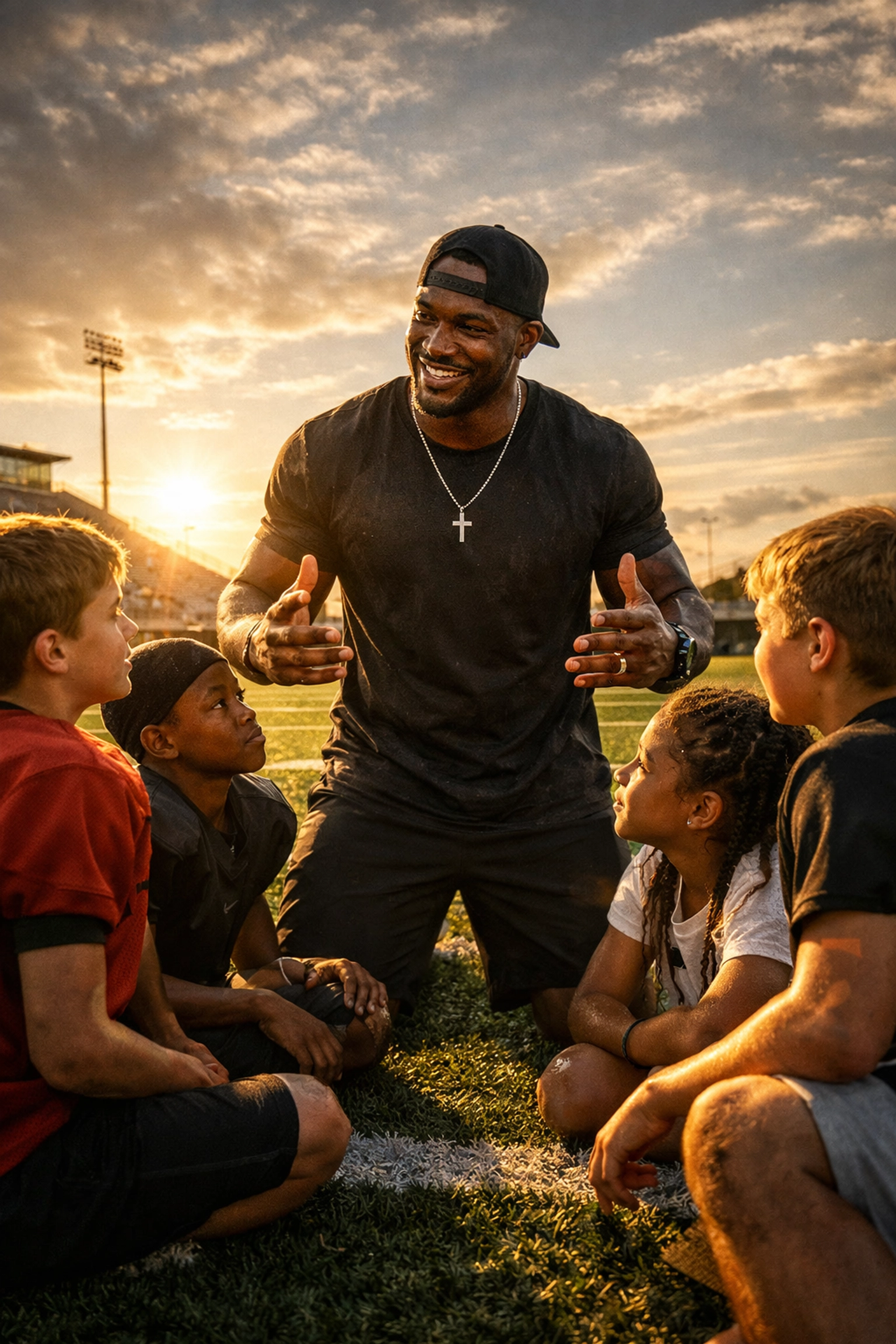 Professional athlete mentoring youth on a football field to build a powerful brand movement.