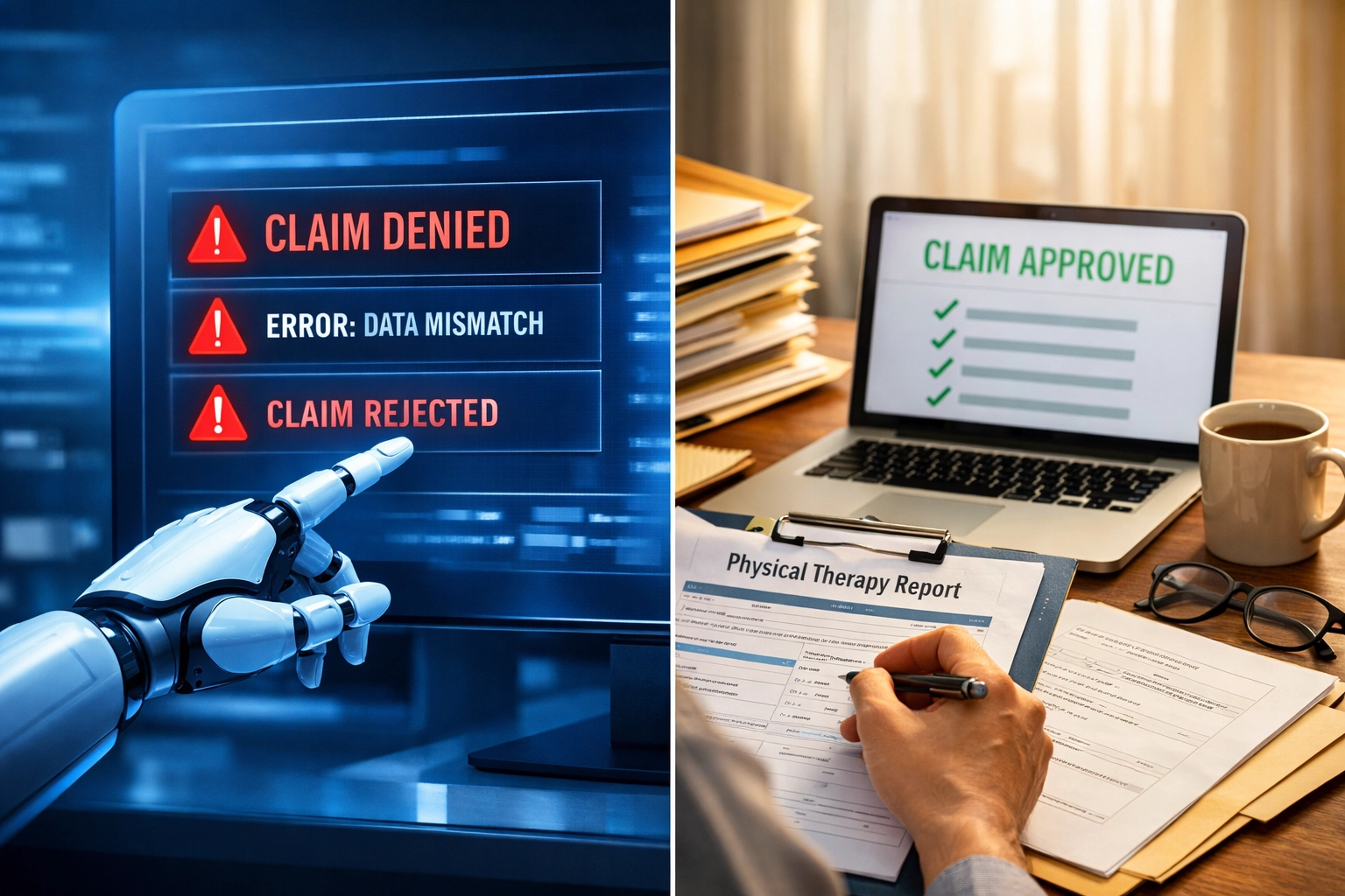 Your Biller Promised "100% AI" : So Why Is Your Denial Rate Climbing? AI billing automation showing claim denials versus human medical billing expert with approved claims