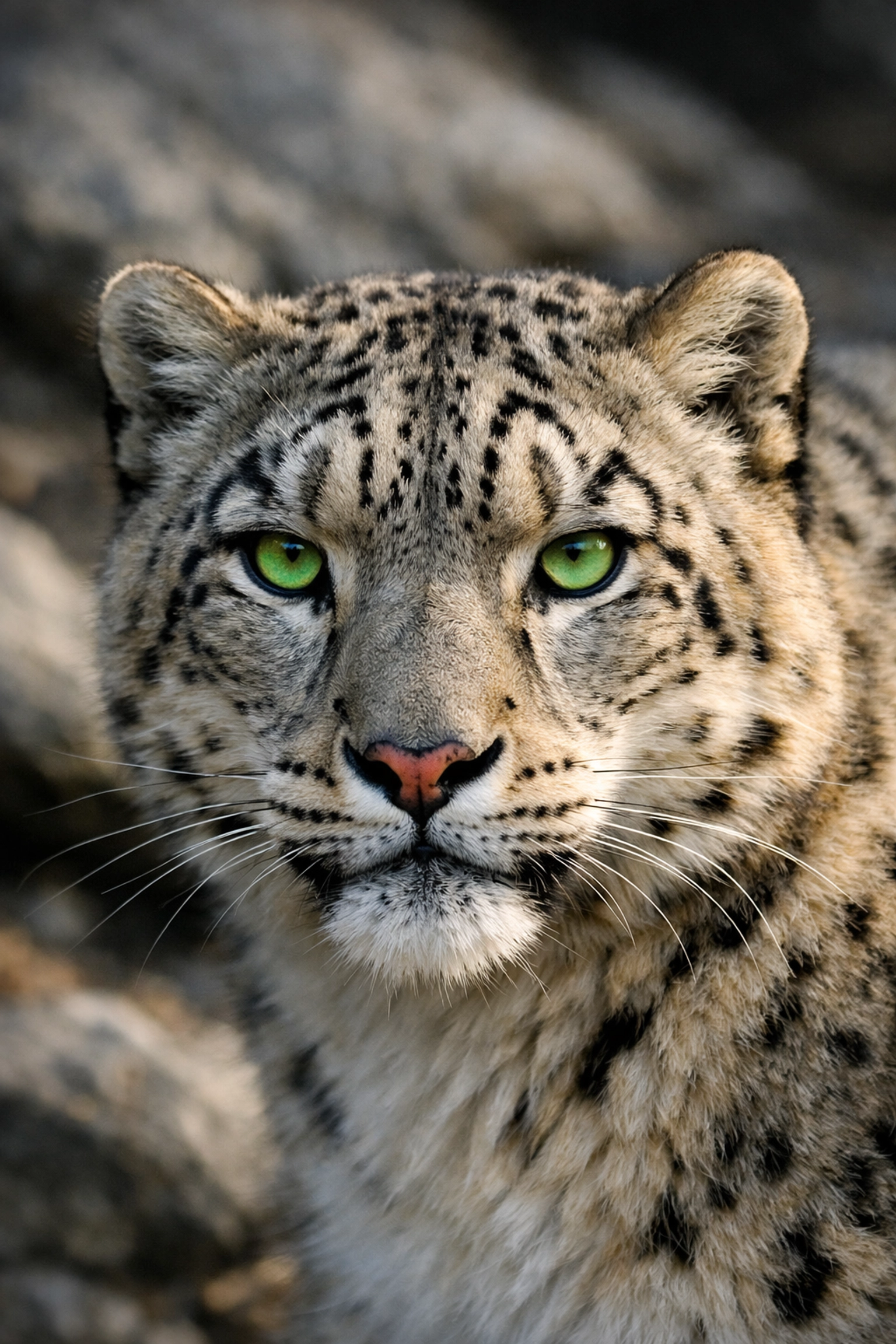 Snow leopard close-up showing individual personality for species spotlight conservation storytelling