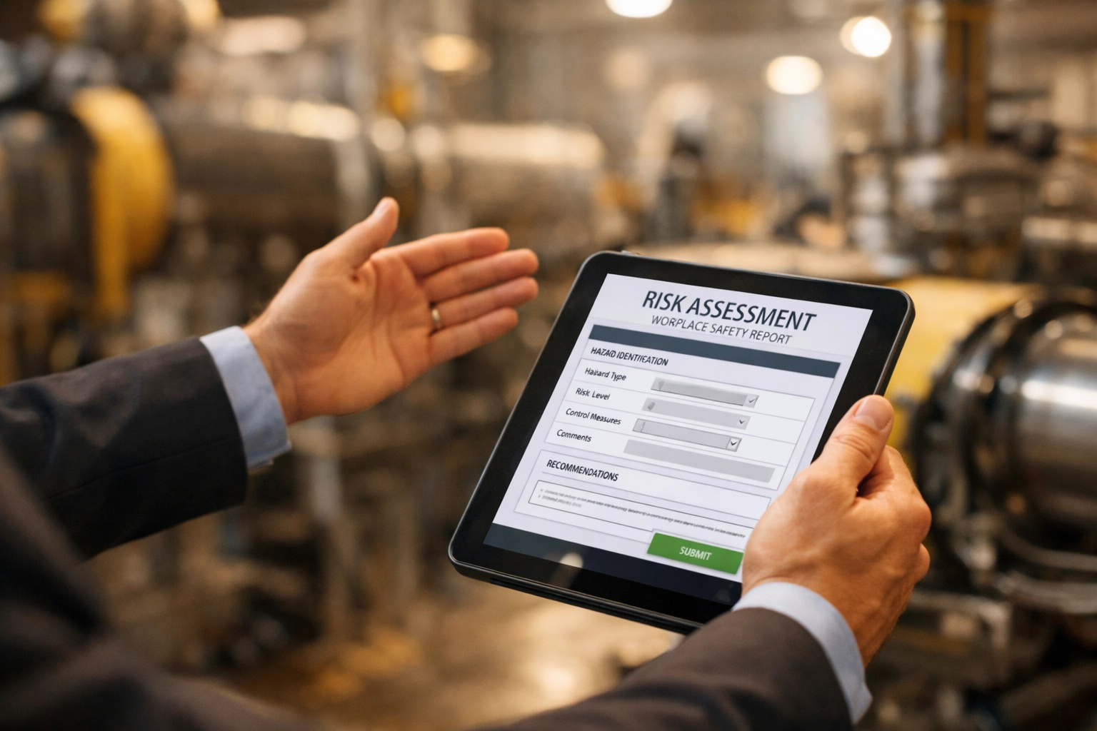 Manager conducting workplace risk assessment using digital safety management tools