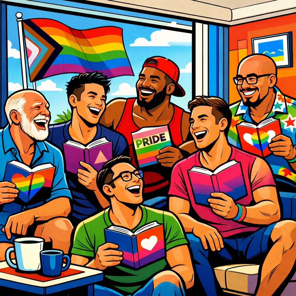 A diverse group of men enjoying a gay book club, sharing top LGBTQ+ books within a supportive community.