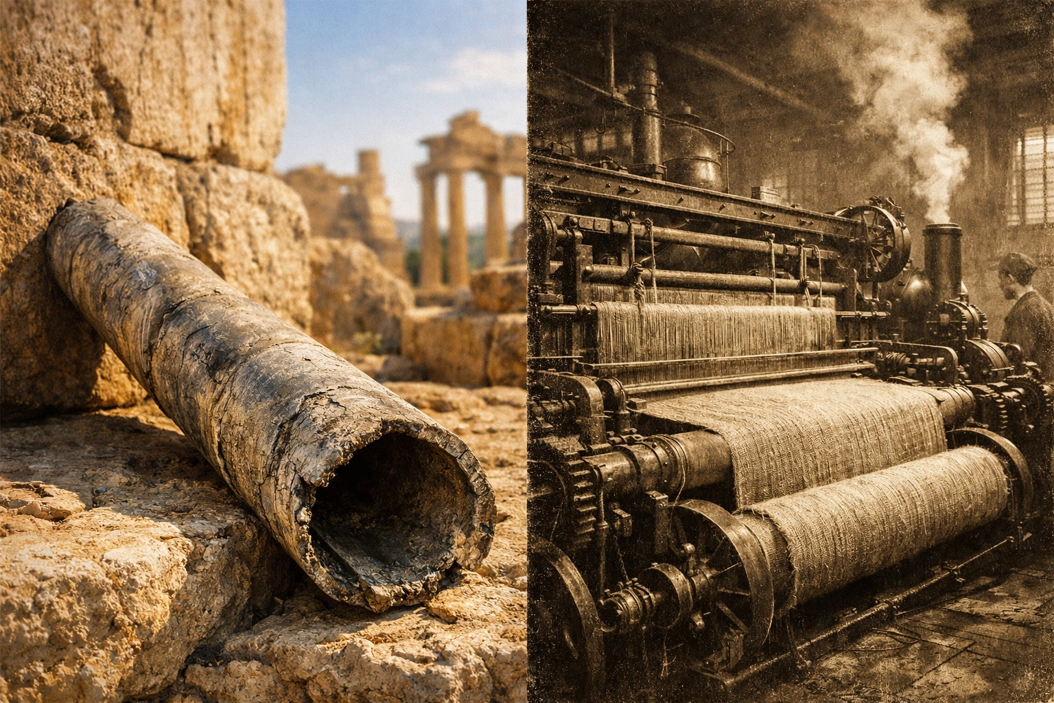 Historical comparison of ancient Roman lead pipes and 19th-century industrial building materials.