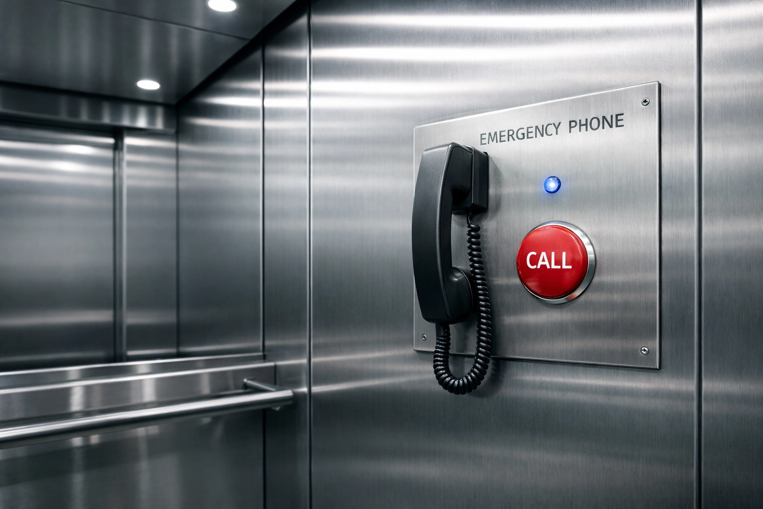 Elevator emergency phone panel with call button showing ASME safety compliance requirements