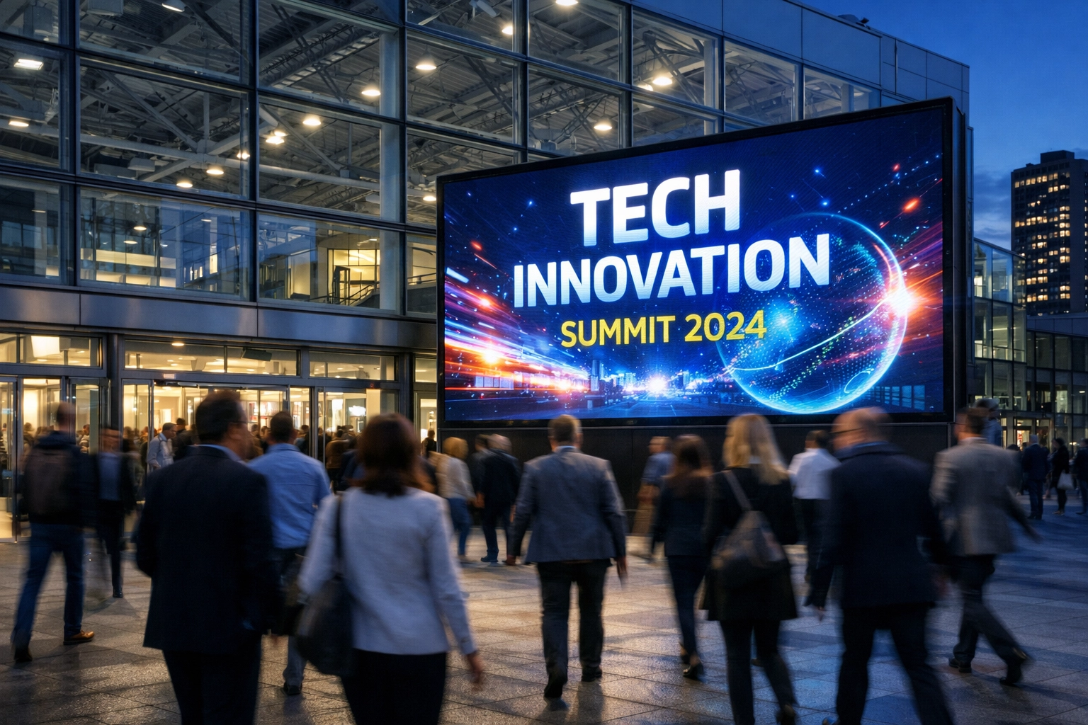 Digital DOOH screen at a modern convention center entrance targeting high-traffic event attendees.
