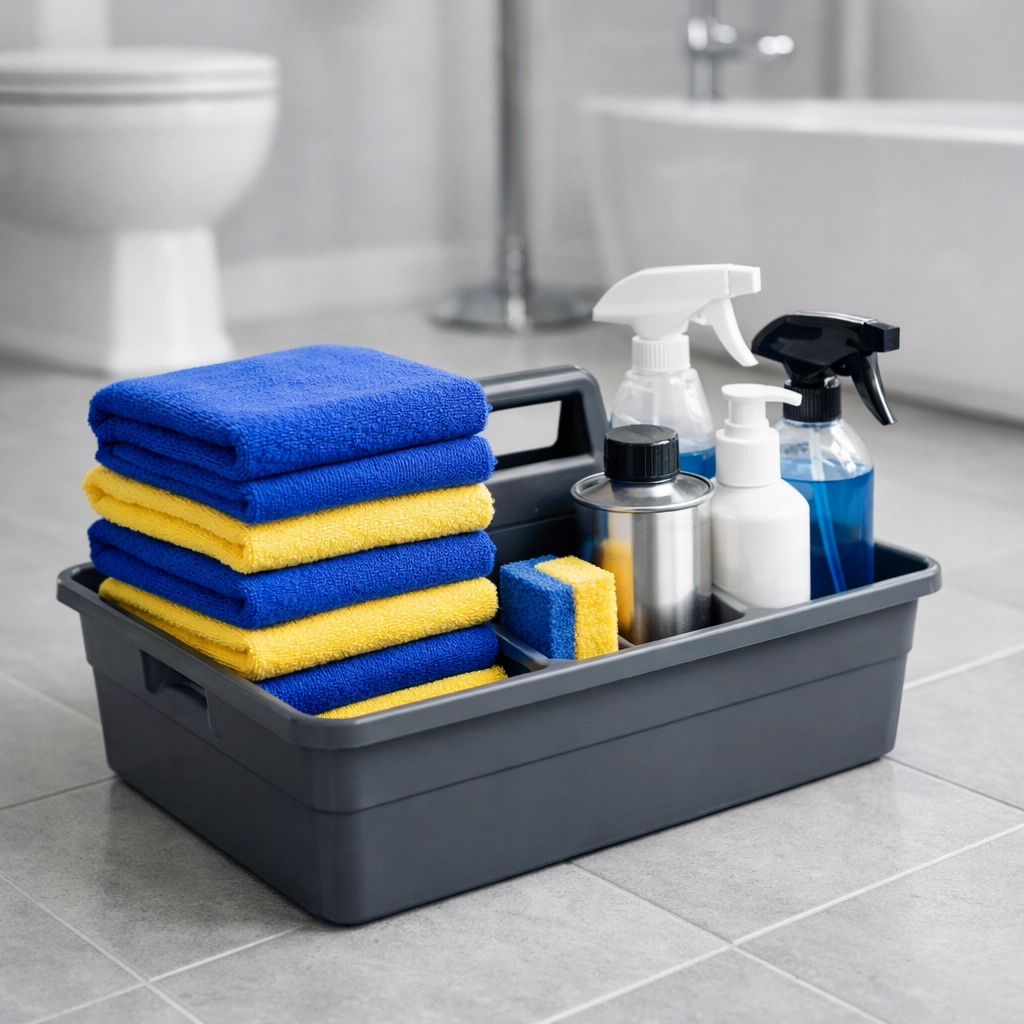 Professional caddy with organized supplies for efficient house cleaning Townsend MA services.