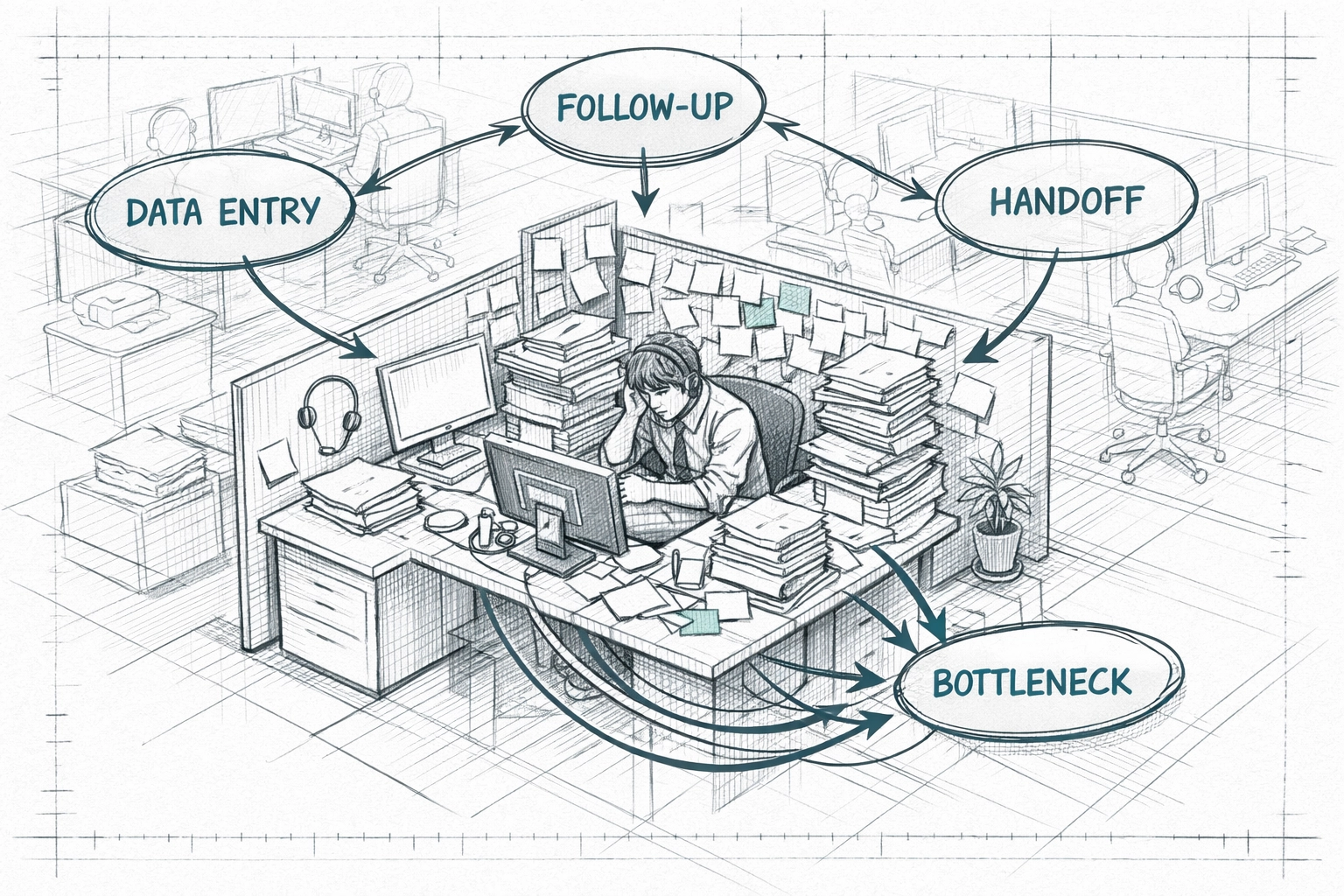 Technical sketch of a ghost department showing sales bottlenecks and manual CRM data entry.