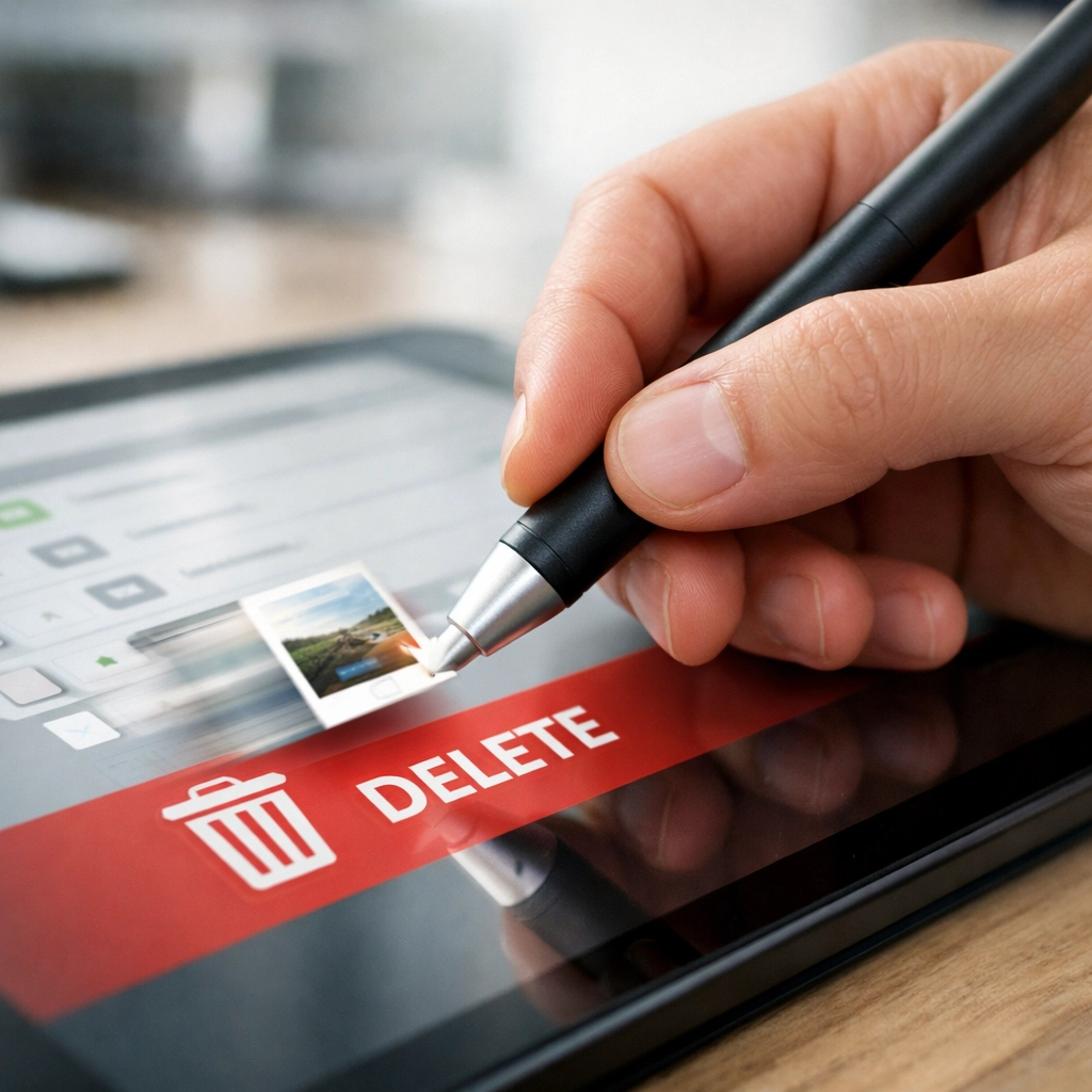 Close-up of a hand deleting data on a tablet, symbolizing the process of scrubbing inactive email leads.
