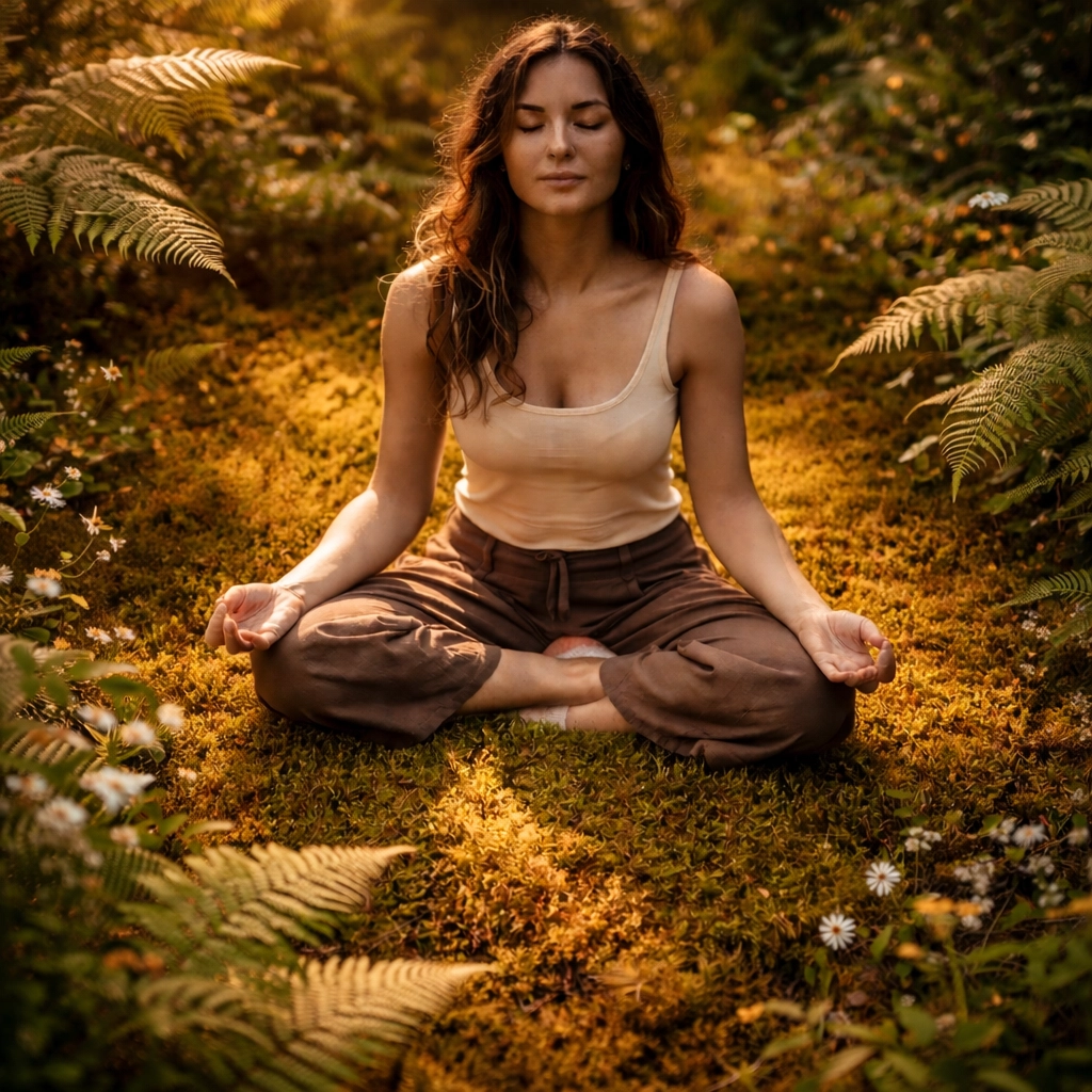 Person sitting perfectly still in a living forest among ferns and moss, practicing grounded presence