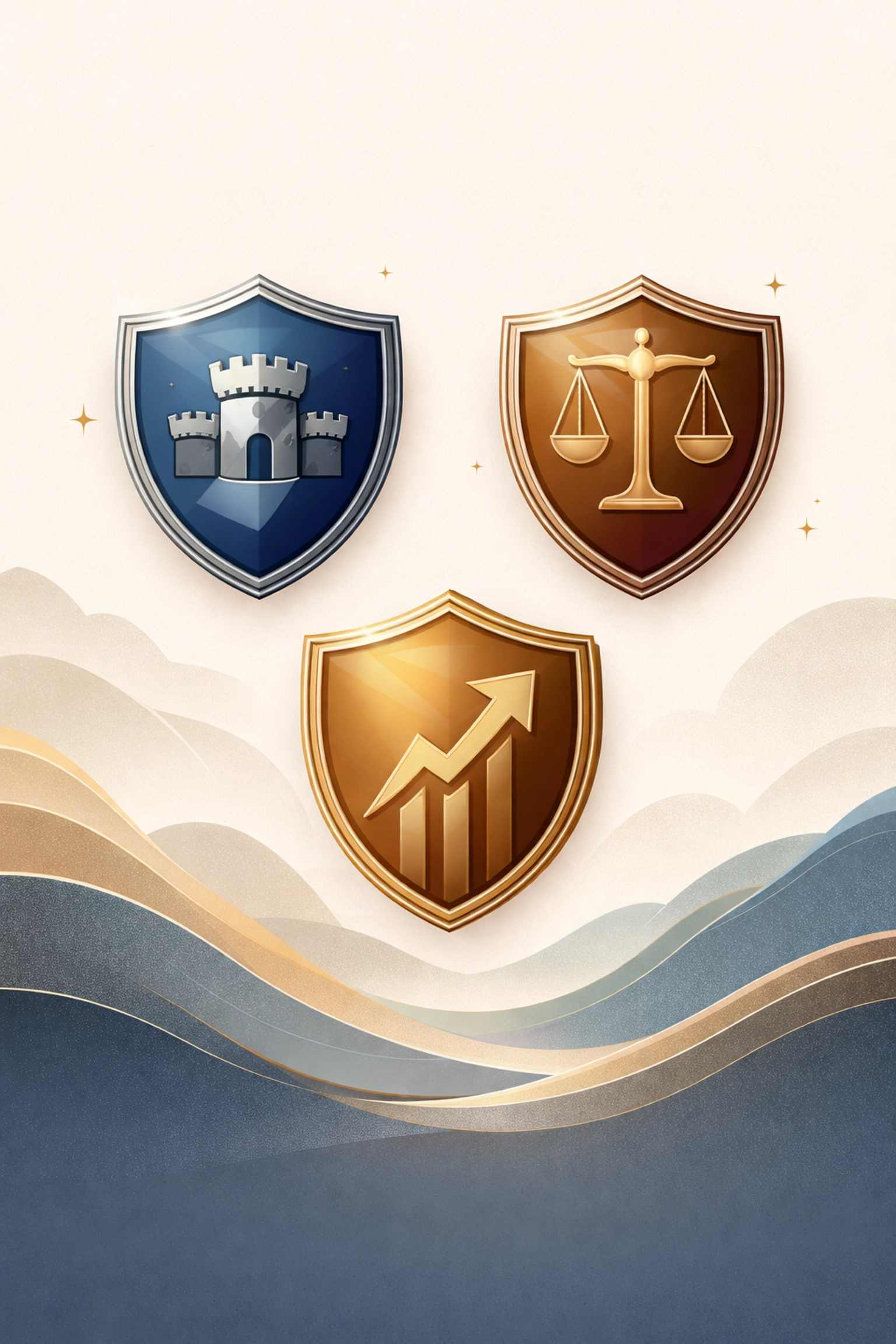 Three shields representing portfolio functions: downside protection, uncorrelated returns, and growth capture