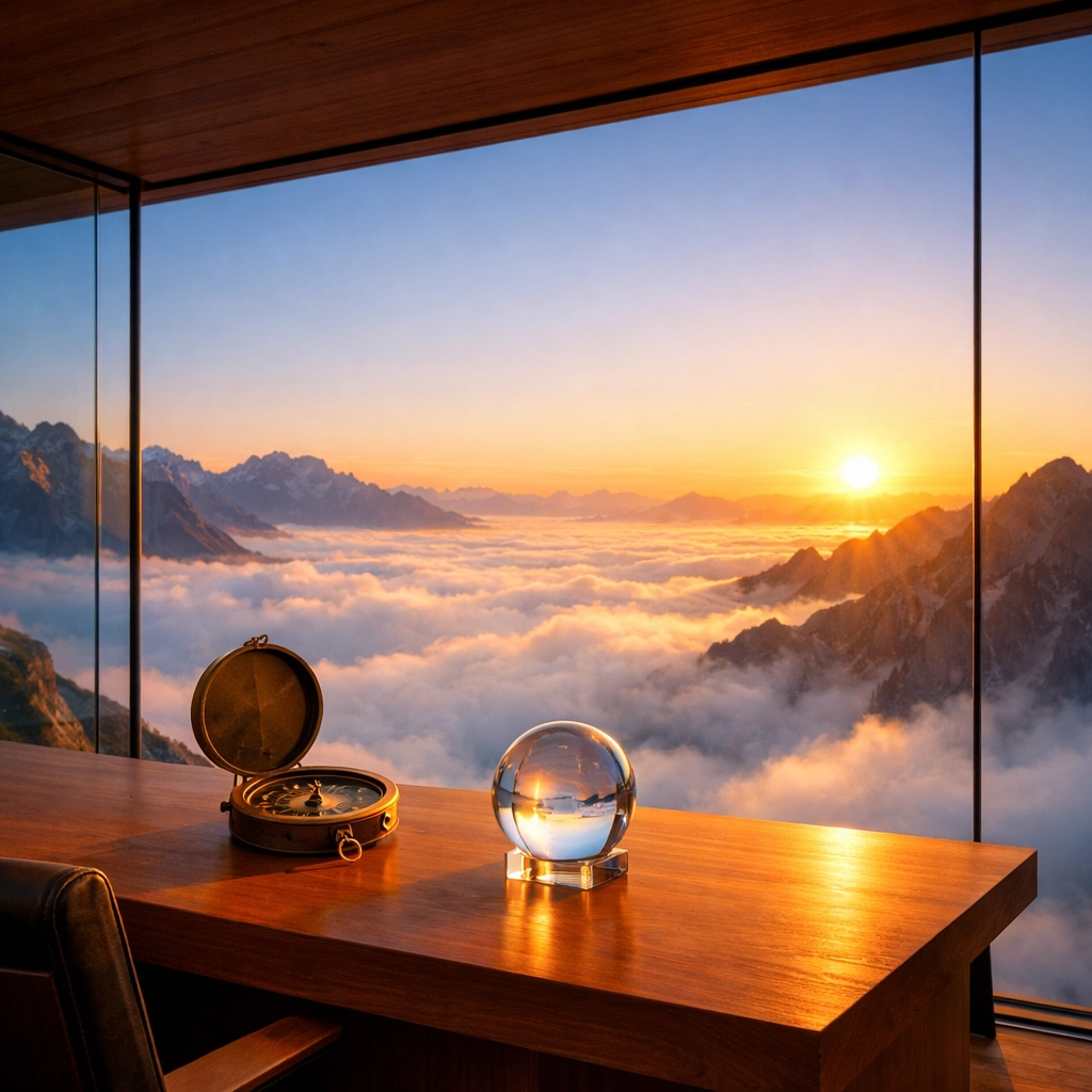 A minimalist studio with a compass overlooking mountains, symbolizing an entrepreneurial mindset and vision.