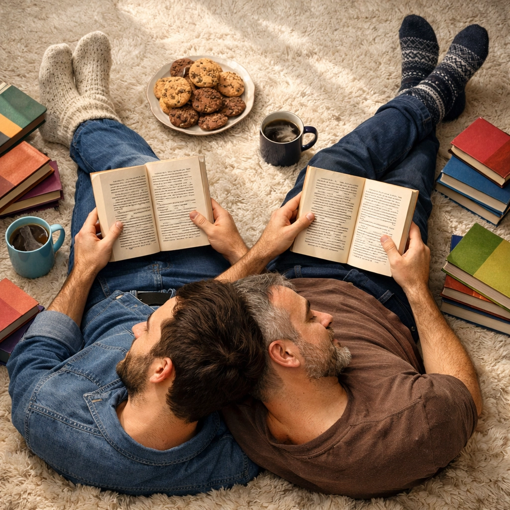 Gay couple reading MM romance books together on cozy rug during indoor winter date
