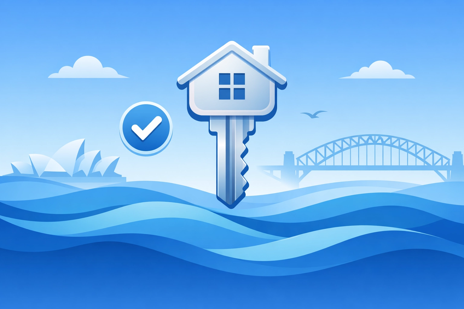 A house key over blue waves representing a stress-free property settlement in New South Wales.