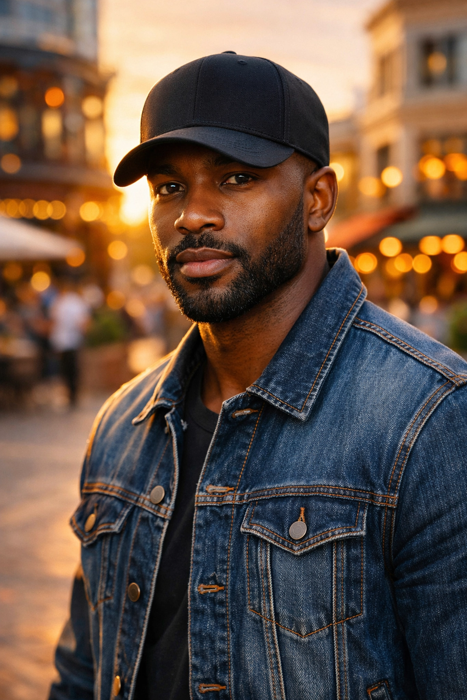 Stylish man wearing a premium black baseball cap from a Black-owned clothing brand in the city.
