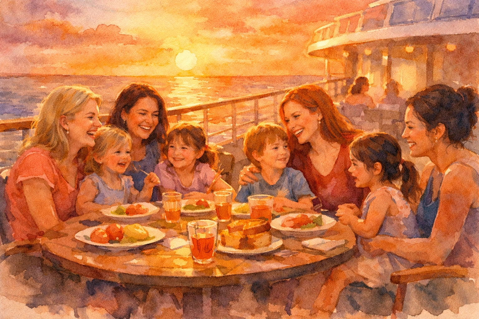 Single moms and children sharing meal together on cruise ship deck at sunset