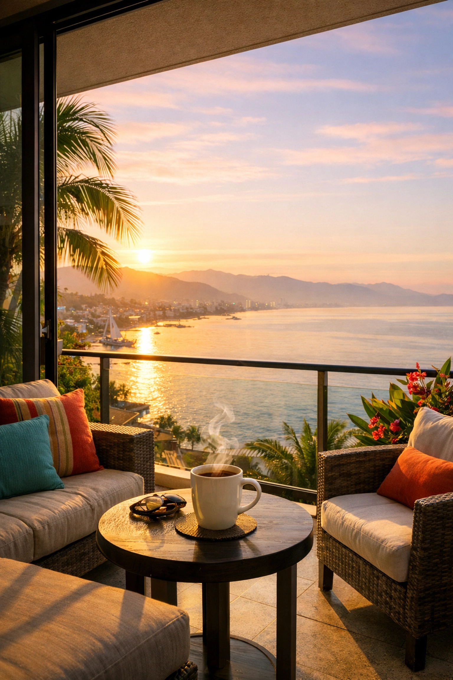 Morning coffee on Puerto Vallarta apartment balcony with Banderas Bay ocean views at sunrise