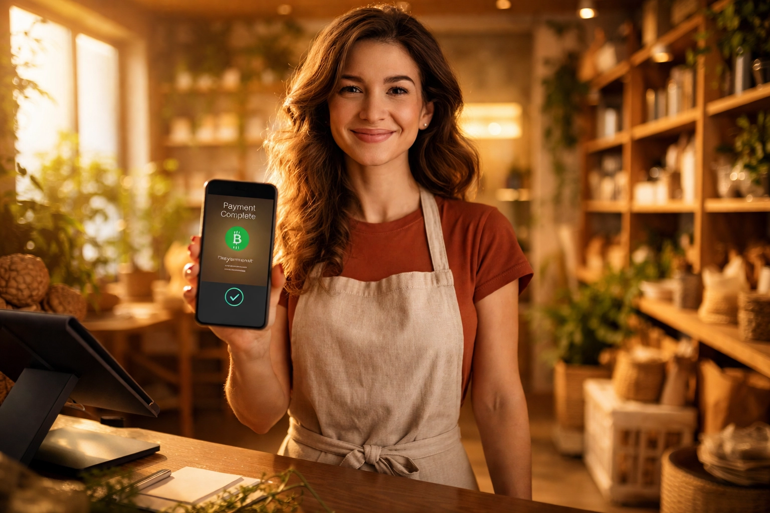 Small business owner at retail counter viewing instant crypto payment confirmation on smartphone, showcasing merchant empowerment.
