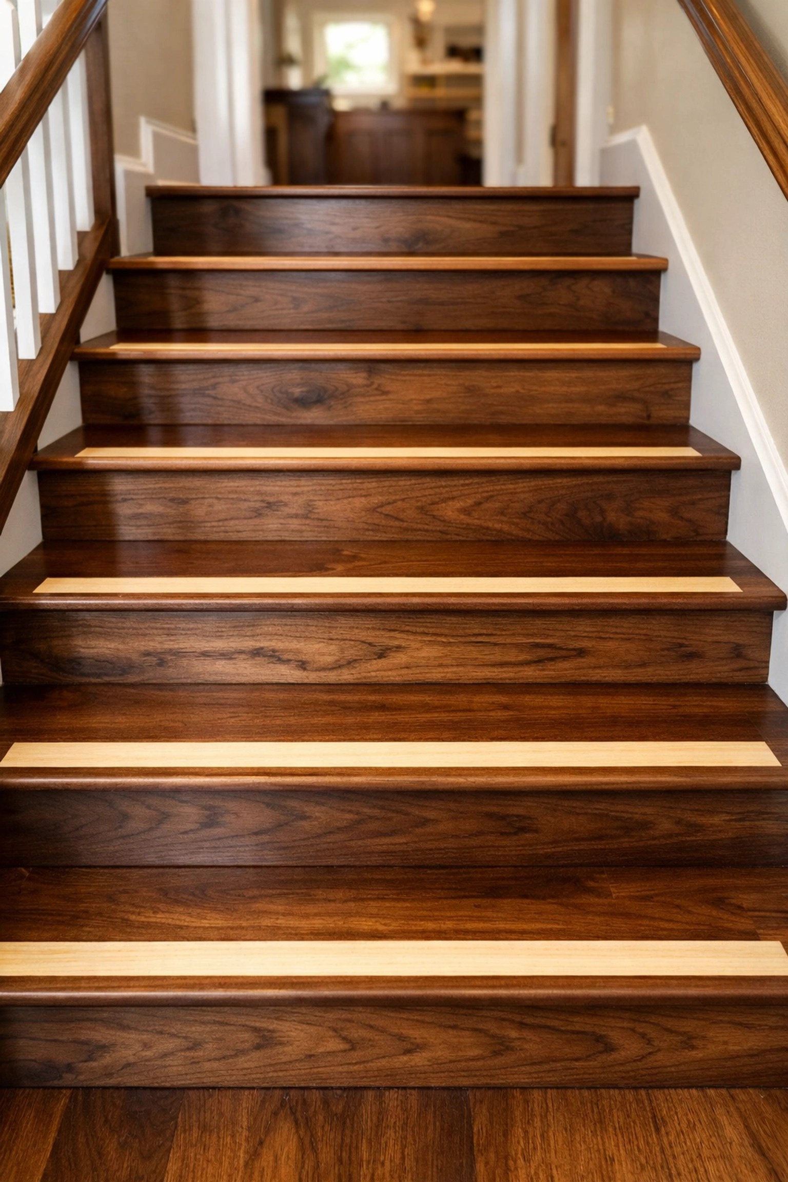 High-contrast wood nosing on dark stairs to help with depth perception and fall prevention.