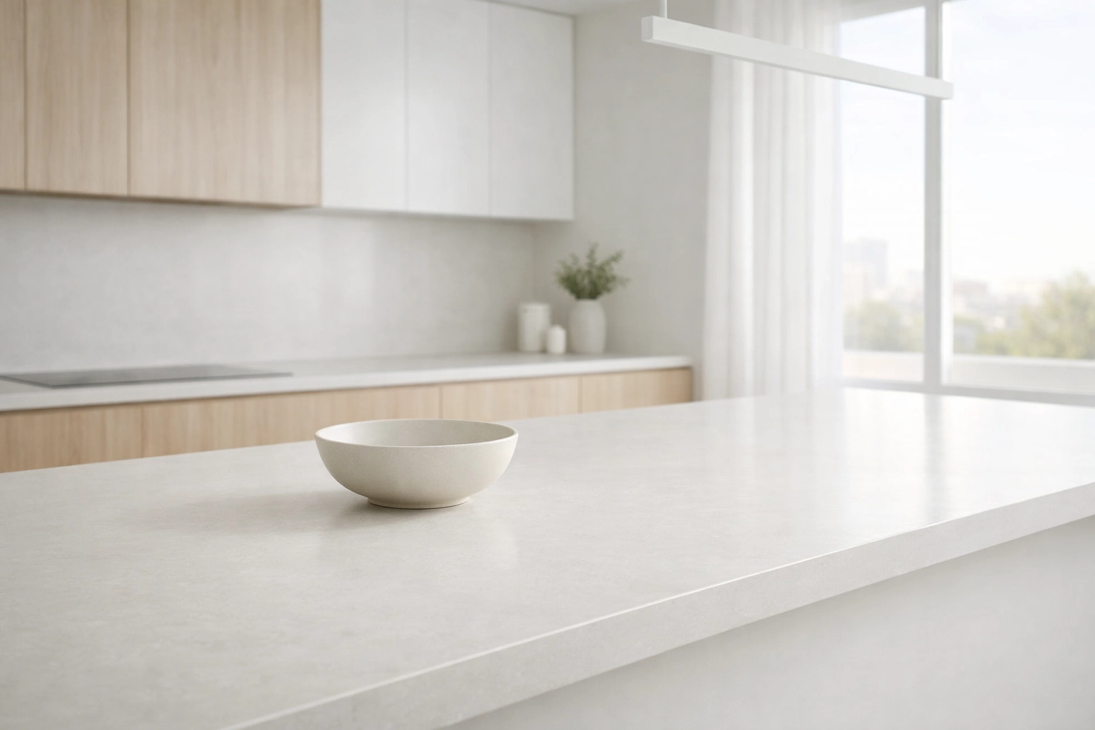 Modern Phoenix kitchen remodel featuring a hidden induction cooktop and minimalist white cabinetry.