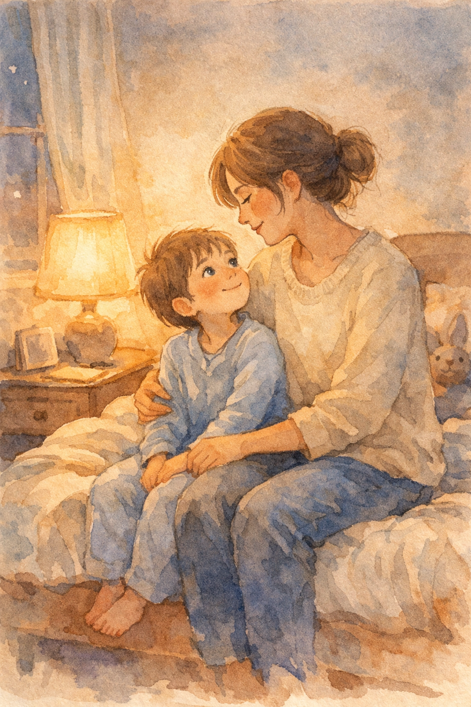 Parent and child sharing bedtime moment together demonstrating Christ-centered family connection