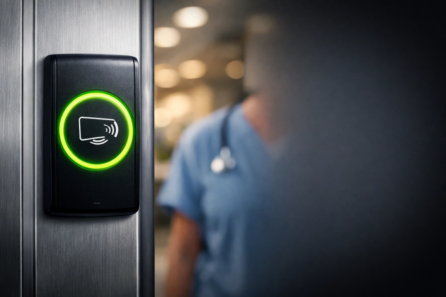 Modern RFID badge reader at an Omaha medical clinic using a unified access control system.