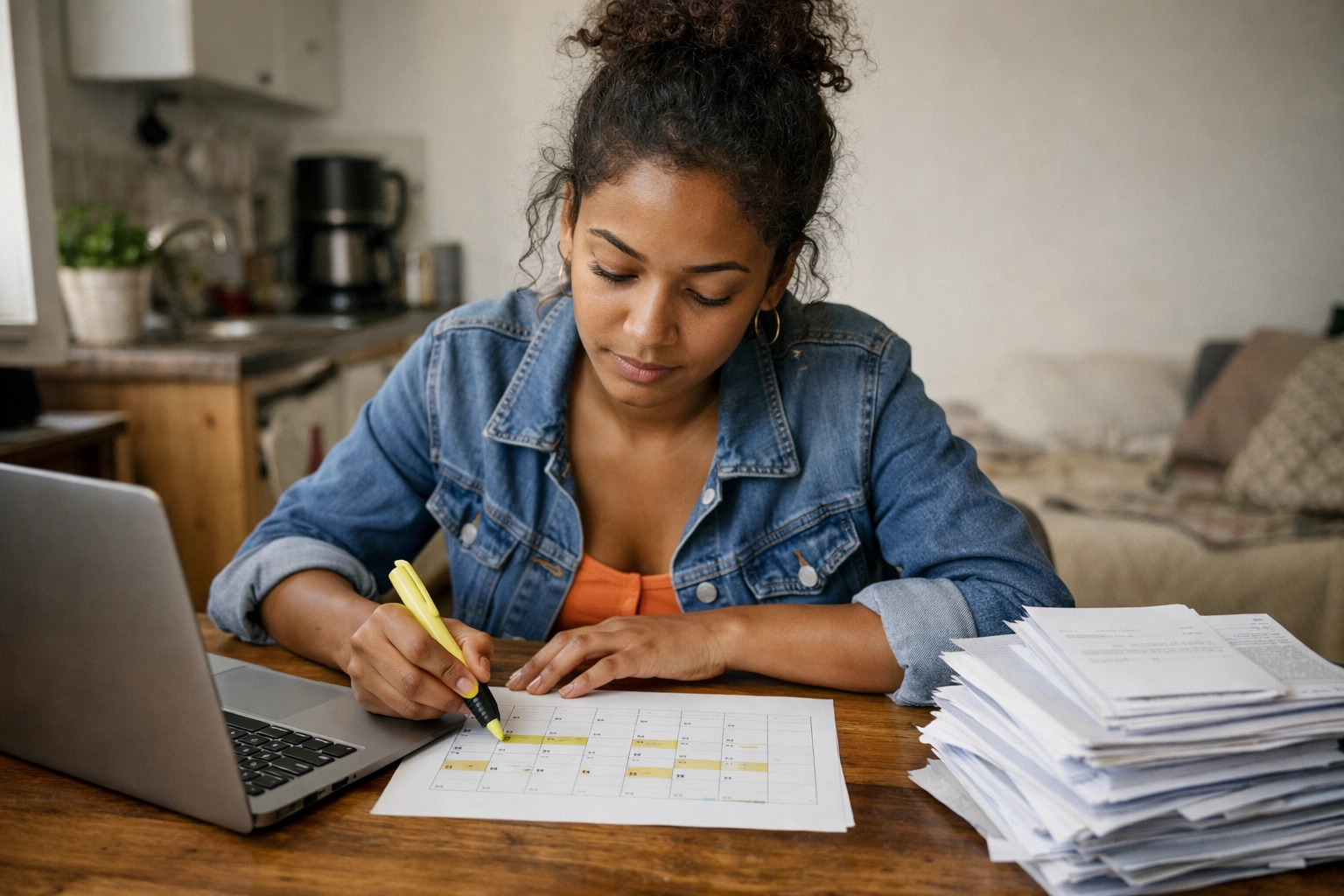 Estudante cabo-verdiana organiza documentos e sublinha prazos num calendário enquanto prepara o pedido de visto