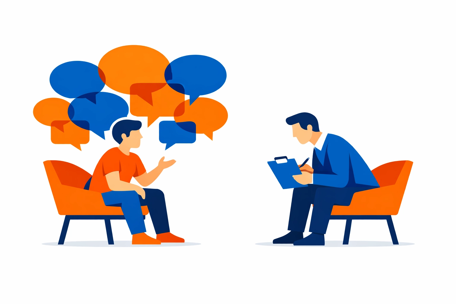 Modern flat design of an interview session to gather deep insights for a customer education program.