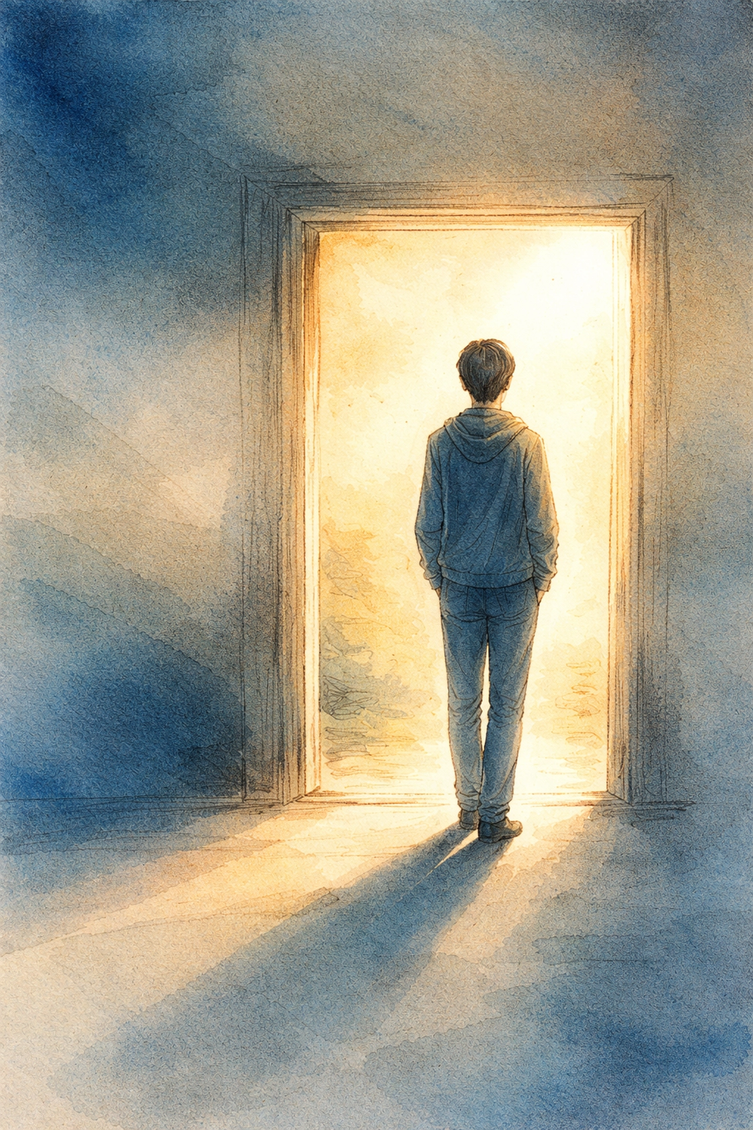 Hand-drawn image of a person standing at a sunlit doorway, representing hope, new beginnings, and spiritual connection after Sunday service.