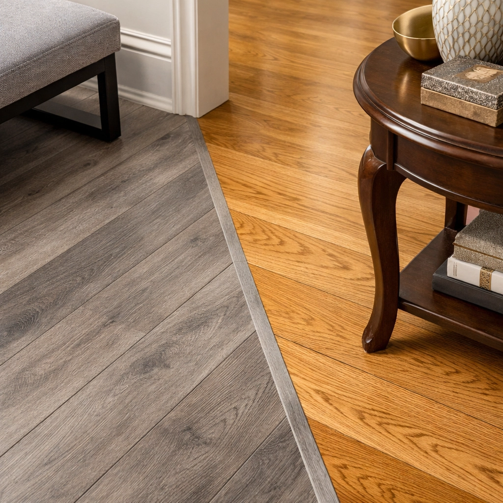 Flooring renovation Orlando showing hardwood and vinyl transition in elegant home entryway