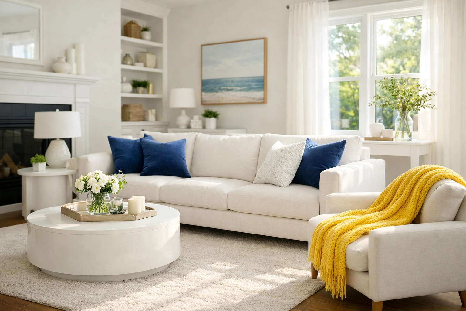 Clean and relaxing living area with a white sofa and spotless rug after deep cleaning Malden MA.