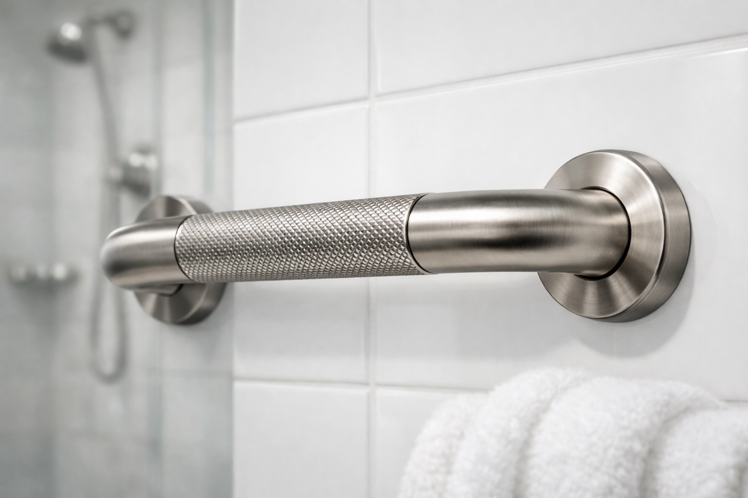 Textured metal grab bar installed on a bathroom tile wall for senior stability and safety.