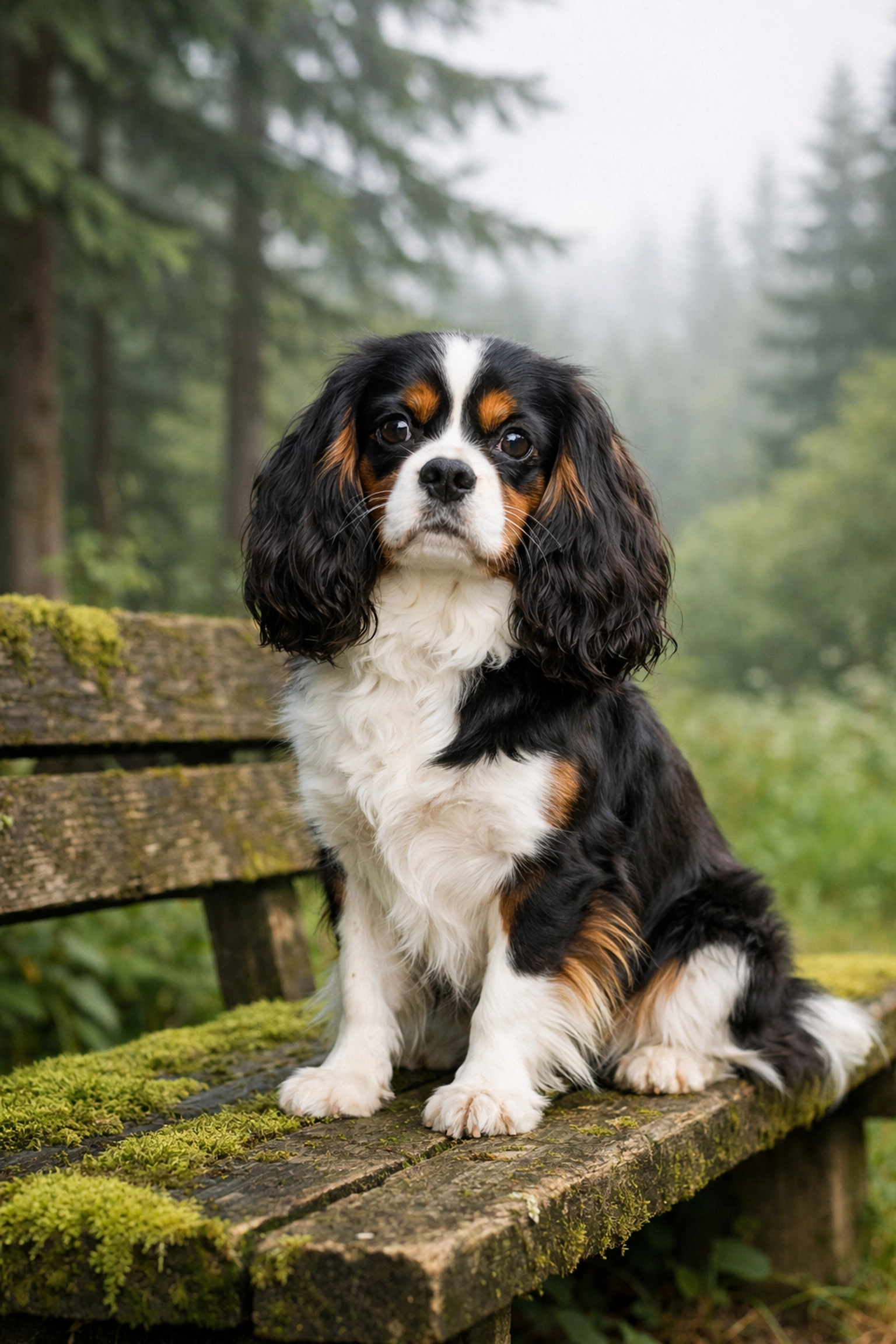 Health-tested Cavalier King Charles Spaniel sitting in a Portland OR park highlighting breed longevity.