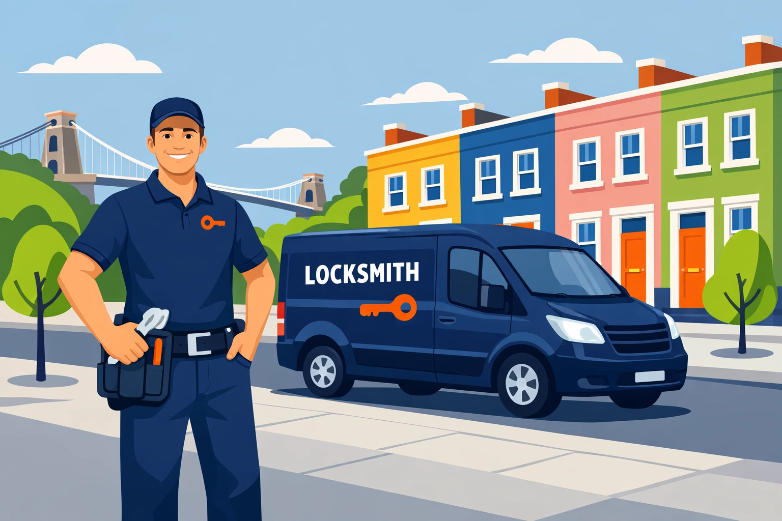 Local locksmiths Bristol service van parked on a street with colourful Victorian terraced houses.